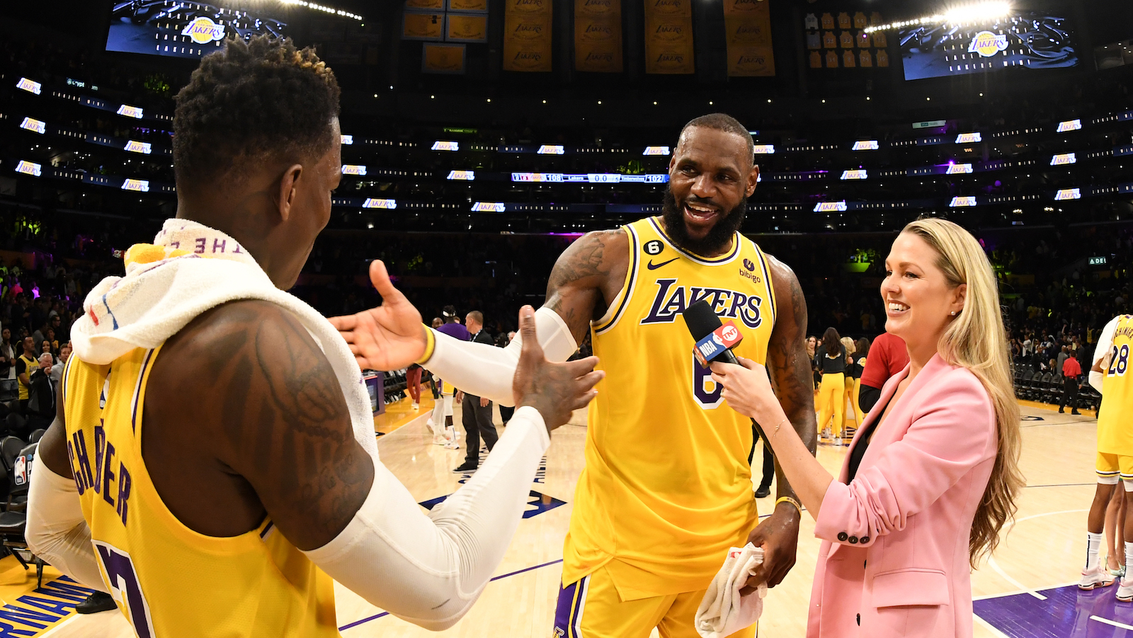 LOS ANGELES, CA - APRIL 11: Dennis Schroder #17 of the Los Angeles Lakers and LeBron James #6 interviews after the 2023 Play-In Tournament on April 11, 2023 at Crypto.Com Arena in Los Angeles, California. NOTE TO USER: User expressly acknowledges and agrees that, by downloading and/or using this Photograph, user is consenting to the terms and conditions of the Getty Images License Agreement. Mandatory Copyright Notice: Copyright 2023 NBAE (