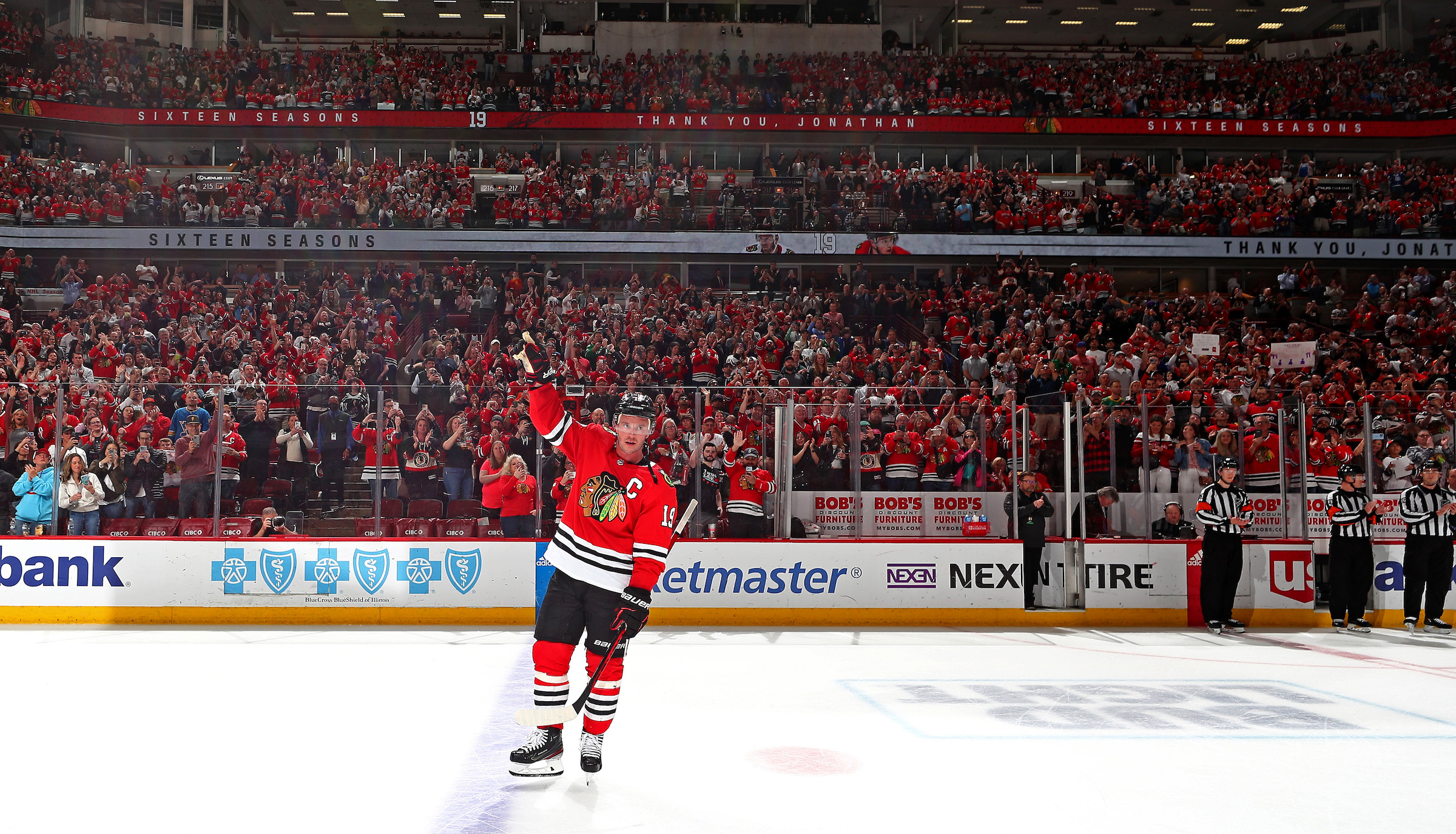 CHICAGO, ILLINOIS - APRIL 13: Jonathan Toews #19 of the Chicago Blackhawks acknowledges fans after his final game as a Blackhawk at United Center, against the Philadelphia Flyers, on April 13, 2023 in Chicago, Illinois. (Photo by Chase Agnello-Dean/NHLI via Getty Images)