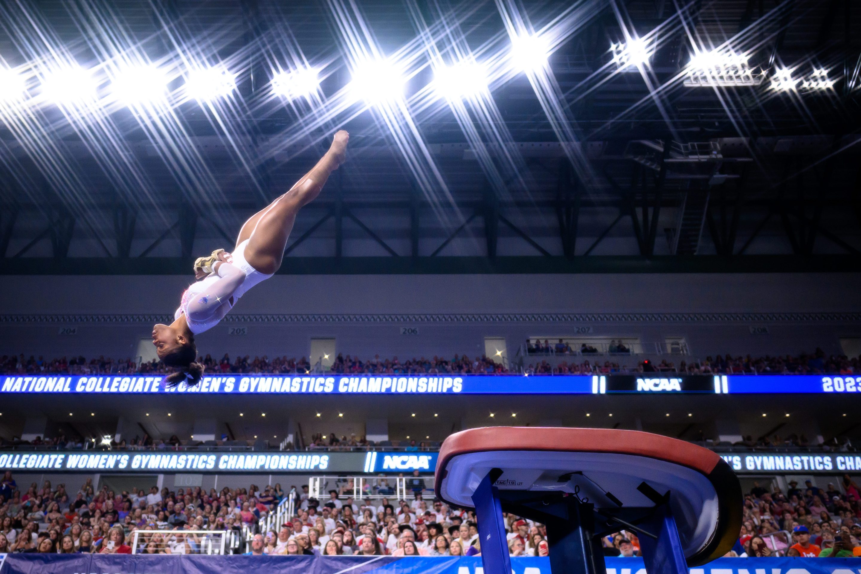 Trinity Thomas of Florida competes in the vault during the Division I Women's Gymnastics Championship held at Dickies Arena on April 15, 2023 in Fort Worth, Texas. Thomas is vaulting.
