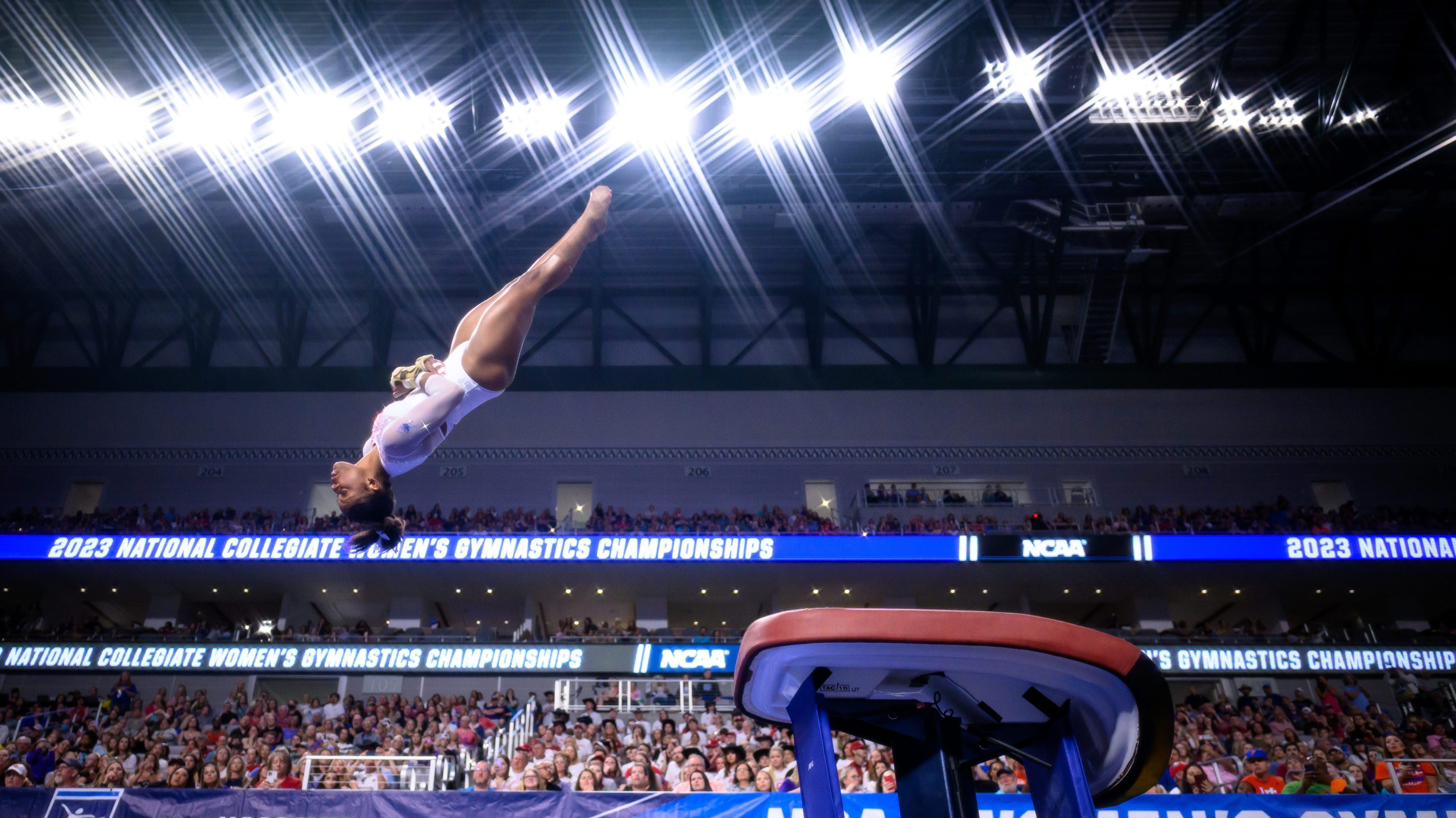 Trinity Thomas of Florida competes in the vault during the Division I Women's Gymnastics Championship held at Dickies Arena on April 15, 2023 in Fort Worth, Texas. Thomas is vaulting.