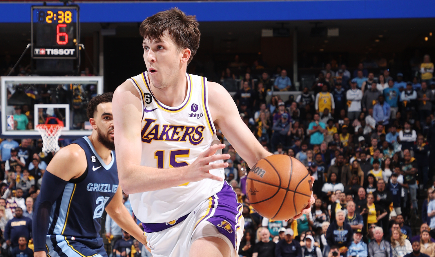 Austin Reaves #15 of the Los Angeles Lakers drives to the basket during Round 1 Game 1 of the NBA Playoffs against the Memphis Grizzlies on April 16, 2023 at FedExForum in Memphis, Tennessee. NOTE TO USER: User expressly acknowledges and agrees that, by downloading and or using this photograph, User is consenting to the terms and conditions of the Getty Images License Agreement. Mandatory Copyright Notice: Copyright 2023 NBAE (Photo by Joe Murphy/NBAE via Getty Images)