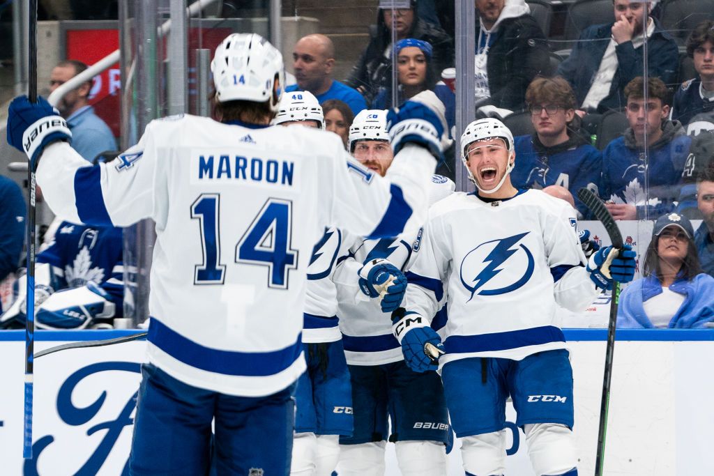 Ross Colton celebrates scoring