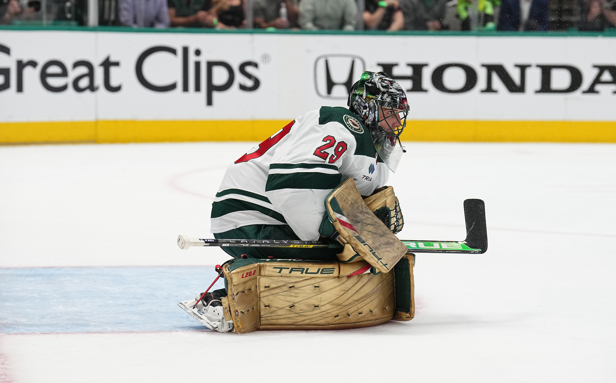 DALLAS, TX APRIL 19: Marc-Andre Fleury #29 of the Minnesota Wild tends goal against the Dallas Stars in Game Two of the First Round of the 2023 Stanley Cup Playoffs at American Airlines Center on April 19, 2023, in Dallas, Texas (Photo by Glenn James/NHLI via Getty Images)