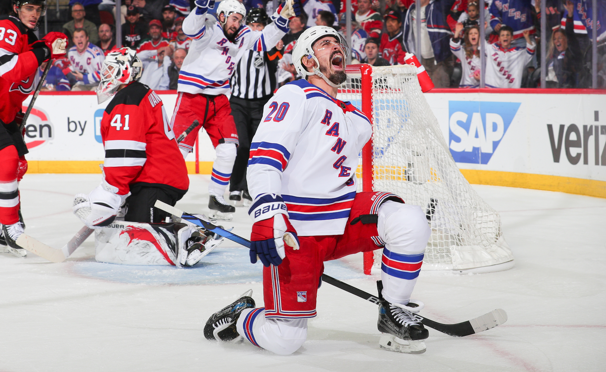NEWARK, NJ - APRIL 20: Chris Kreider #20 of the New York Rangers celebrates his goal during the second period of Game Two of the First Round of the 2023 Stanley Cup Playoffs against the New Jersey Devils at the Prudential Center on April 20, 2023 in Newark, New Jersey. (Photo by Rich Graessle/NHLI via Getty Images)