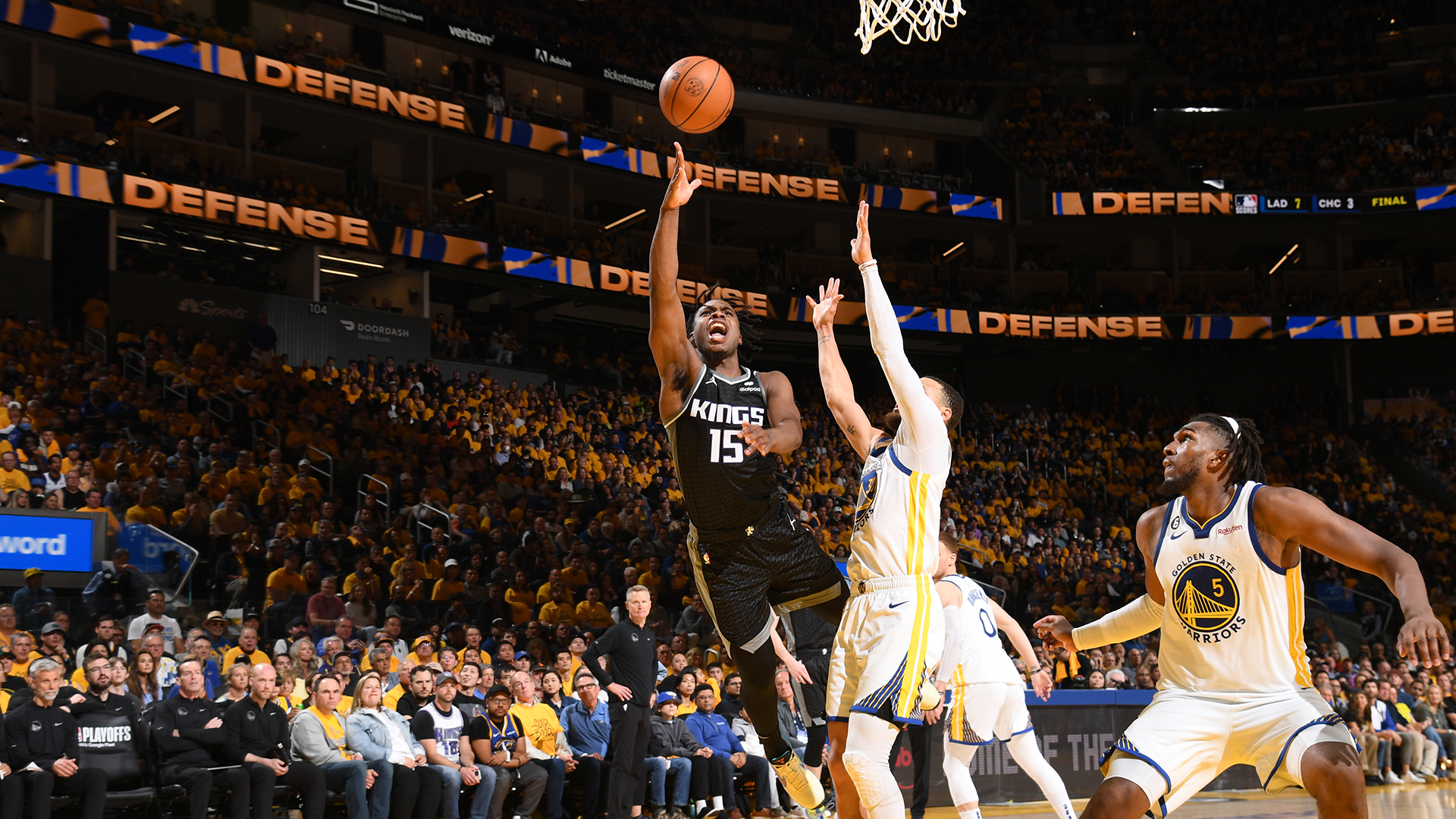 Davion Mitchell #15 of the Sacramento Kings drives to the basket during the game against the Golden State Warriors during Round One Game Four of the 2023 NBA Playoffs on April 23, 2023 at Chase Center in San Francisco, California