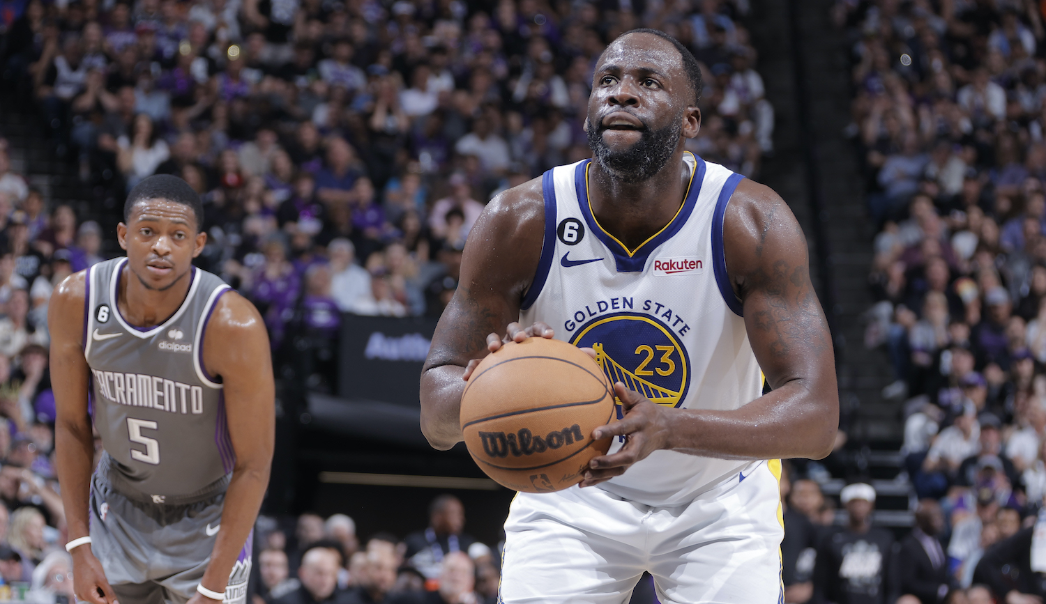 SACRAMENTO, CA - APRIL 26: Draymond Green #23 of the Golden State Warriors shoots a free throw during Round 1 Game 5 of the 2023 NBA Playoffs on April 26, 2023 at Golden 1 Center in Sacramento, California. NOTE TO USER: User expressly acknowledges and agrees that, by downloading and or using this Photograph, user is consenting to the terms and conditions of the Getty Images License Agreement. Mandatory Copyright Notice: Copyright 2023 NBAE (Photo by Rocky Widner/NBAE via Getty Images)