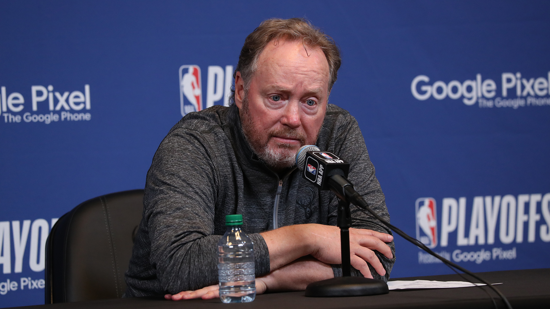 Head Coach Mike Budenholzer of the Milwaukee Bucks is interviewed after Round One Game Five of the 2023 NBA Playoffs on April 26, 2023 at the Fiserv Forum Center in Milwaukee, Wisconsin.