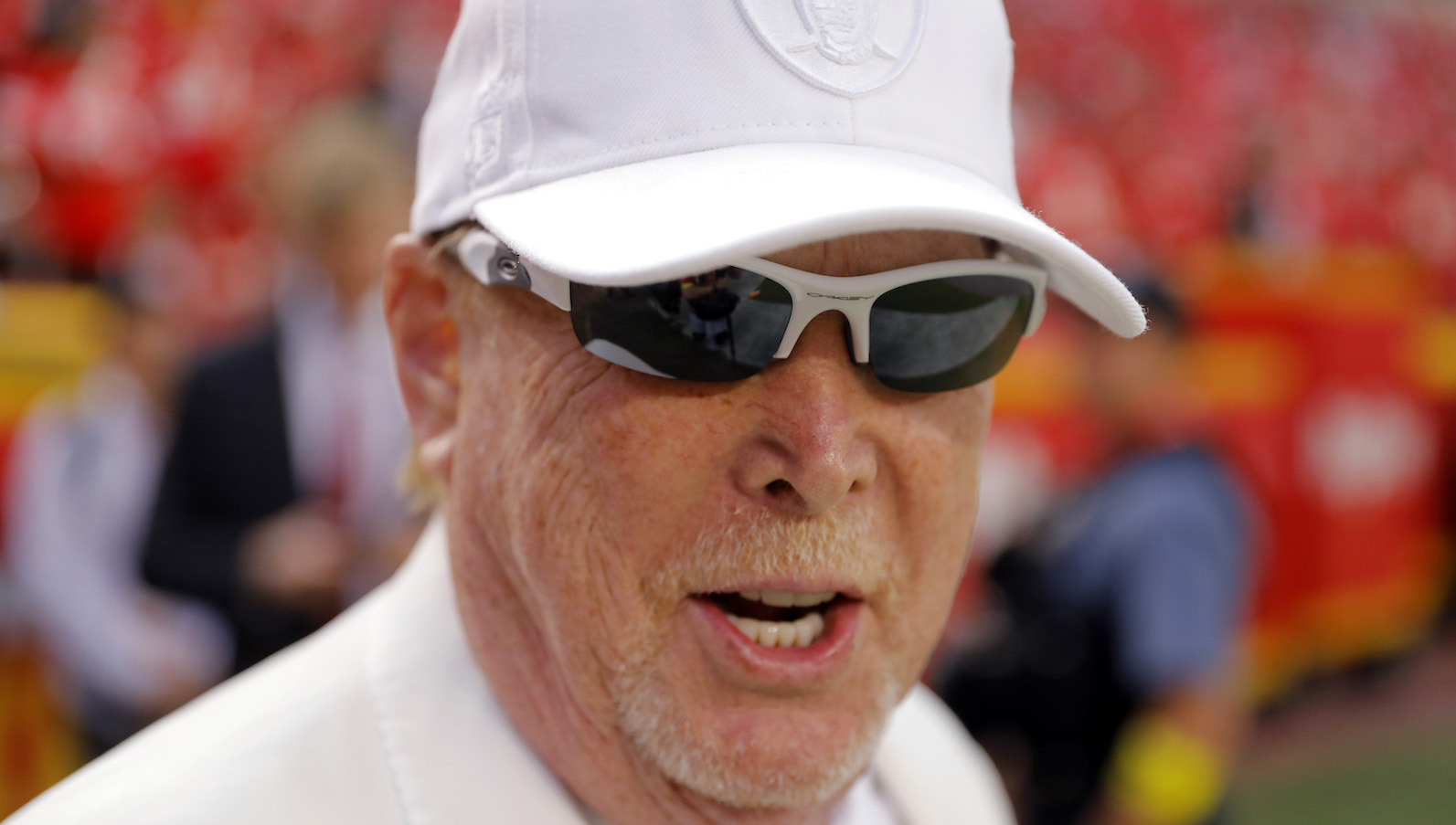 KANSAS CITY, MISSOURI - OCTOBER 10: Owner Mark Davis of the Las Vegas Raiders walks onto the field prior to the game against the Kansas City Chiefs at Arrowhead Stadium on October 10, 2022 in Kansas City, Missouri.