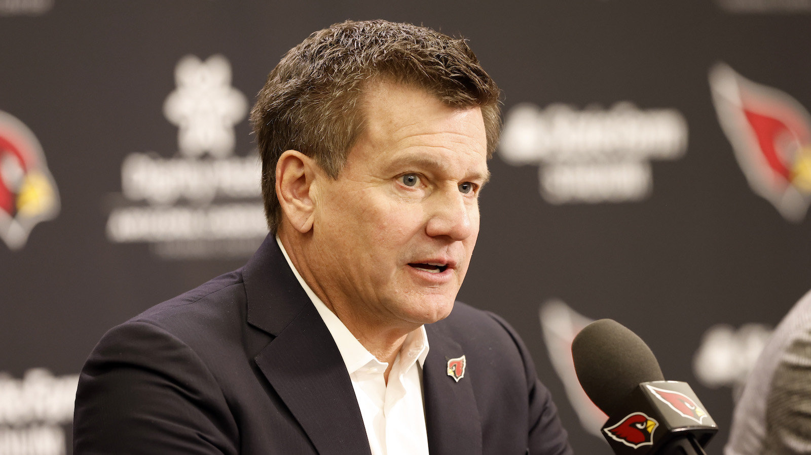 TEMPE, ARIZONA - FEBRUARY 16: Owner Michael Bidwill of the Arizona Cardinals answers a question from the media during a press conference introducing new head coach Jonathan Gannon at Dignity Health Arizona Cardinals Training Center on February 16, 2023 in Tempe, Arizona.