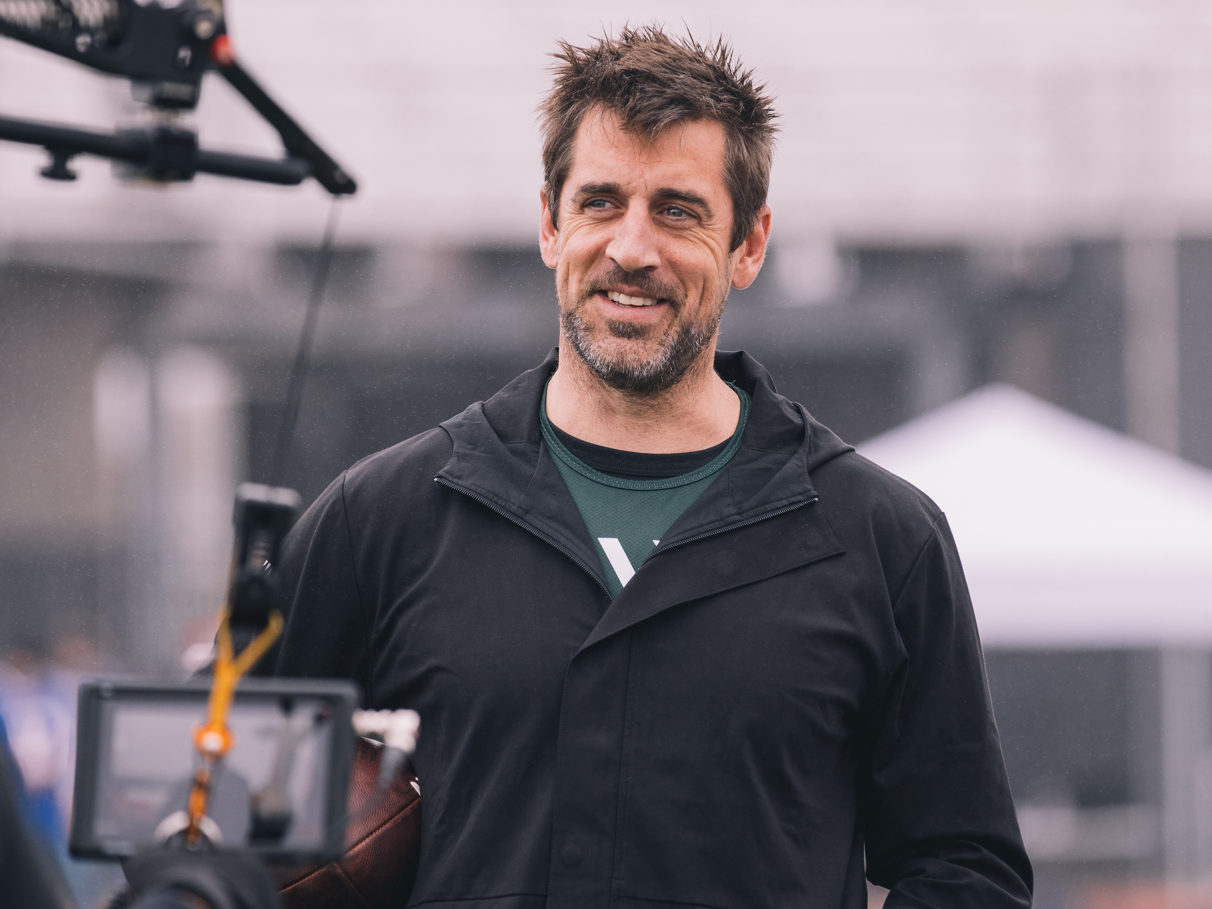 ORANGE COUNTY, CA - MARCH 11: Quarterback Aaron Rodgers at Celebrity Flag Football Charity Event at Saddleback College on March 11, 2023 in Orange County, CA. (Photo by Aubrey Lao /Getty Images)