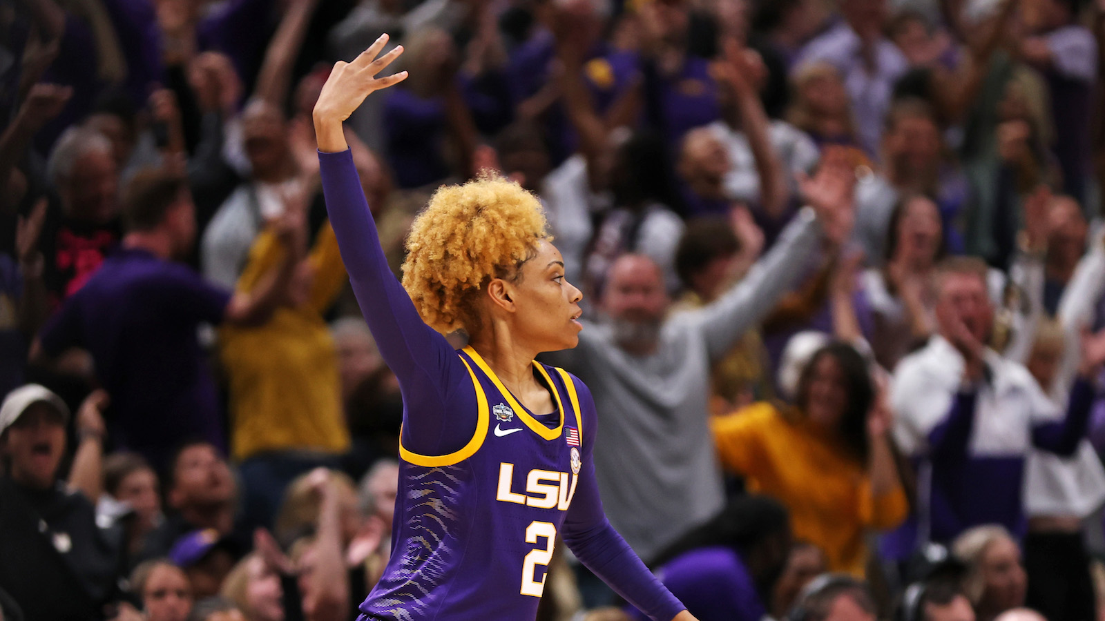 DALLAS, TEXAS - APRIL 02: Jasmine Carson #2 of the LSU Lady Tigers reacts after a three-point basket during the first half against the Iowa Hawkeyes during the 2023 NCAA Women's Basketball Tournament championship game at American Airlines Center on April 02, 2023 in Dallas, Texas.