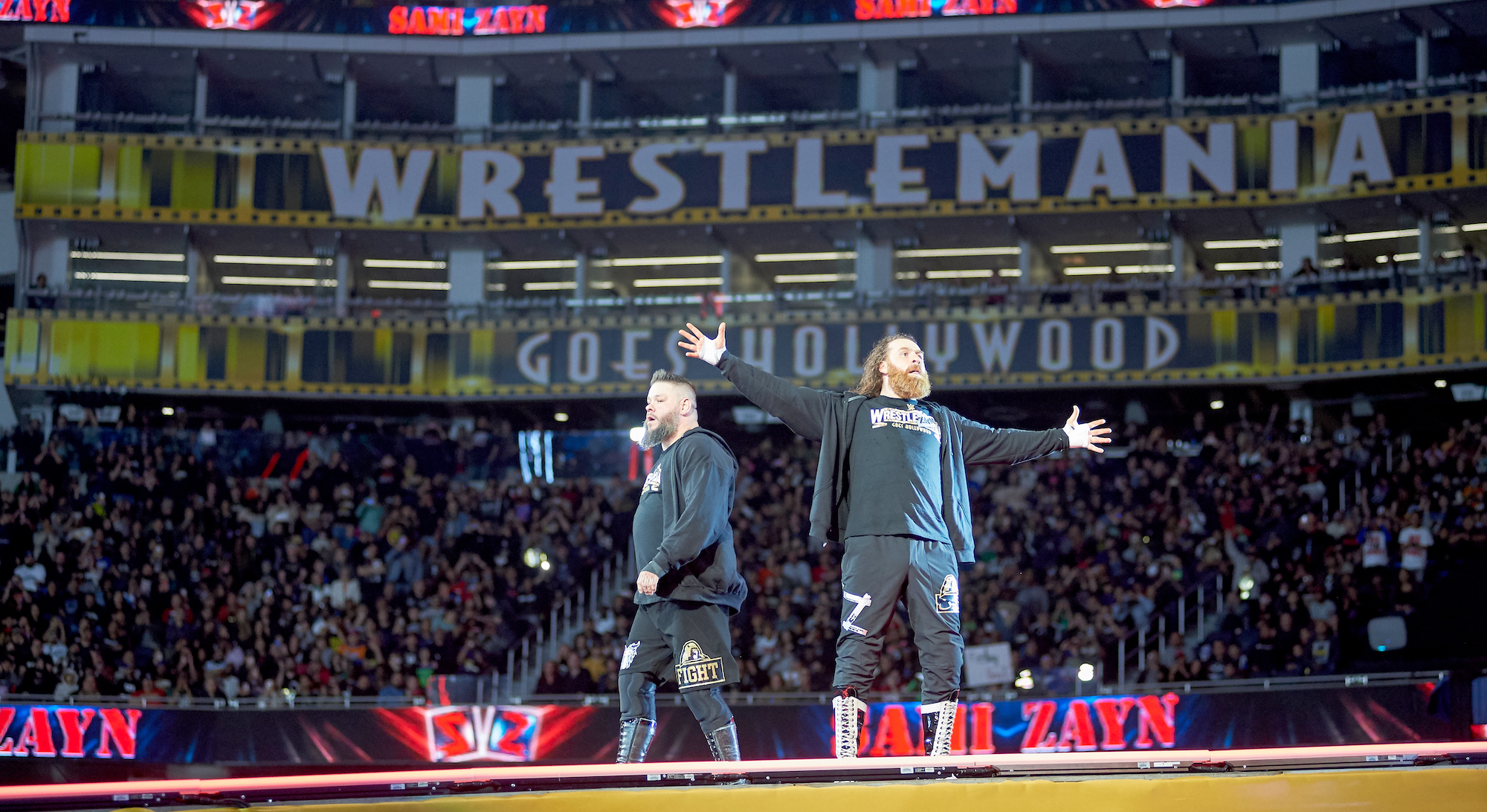 INGLEWOOD, CALIFORNIA - APRIL 01: Kevin Owens and Sami Zayn wrestle The Usos for the Undisputed WWE tag team championship during WrestleMania 39 at SoFi Stadium on April 01, 2023 in Inglewood, California. (Photo by Unique Nicole/Getty Images)