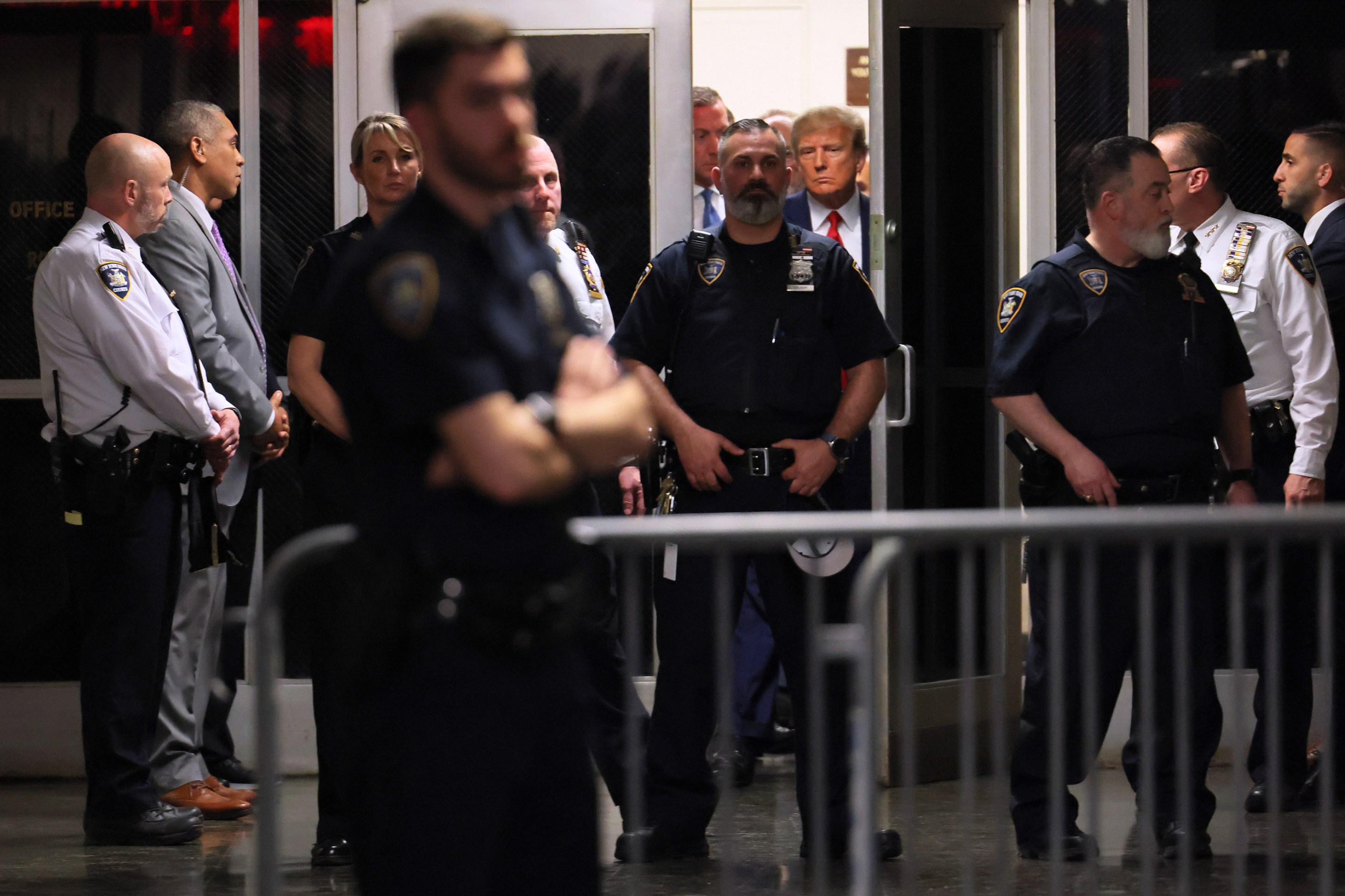 Former President Donald Trump arrives for his arraignment at Manhattan Criminal Court on April 4, 2023.