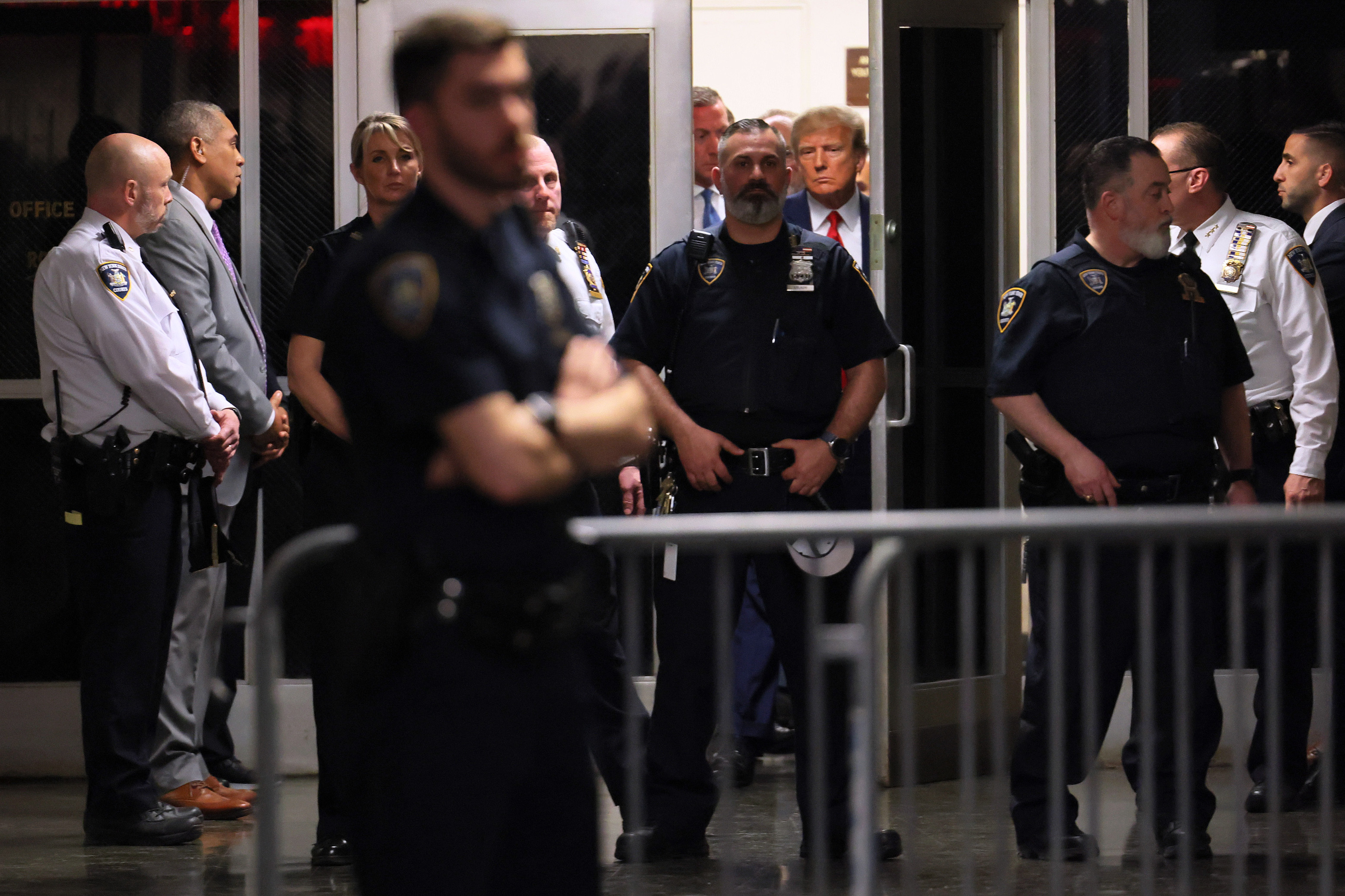 Former President Donald Trump arrives for his arraignment at Manhattan Criminal Court on April 4, 2023.