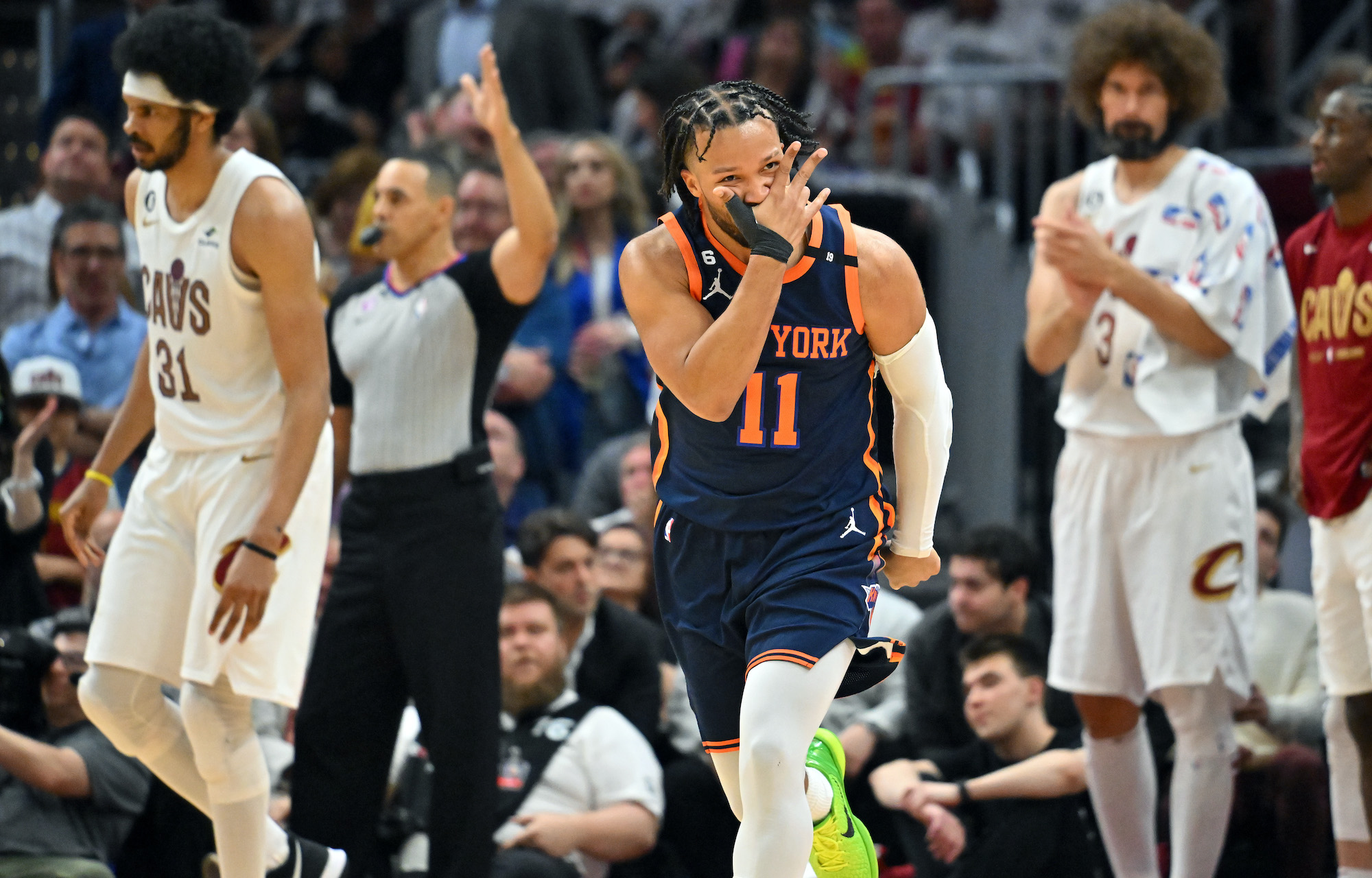 Jalen Brunson #11 of the New York Knicks celebrates after scoring during the fourth quarter of Game One of the Eastern Conference First Round Playoffs against the Cleveland Cavaliers at Rocket Mortgage Fieldhouse