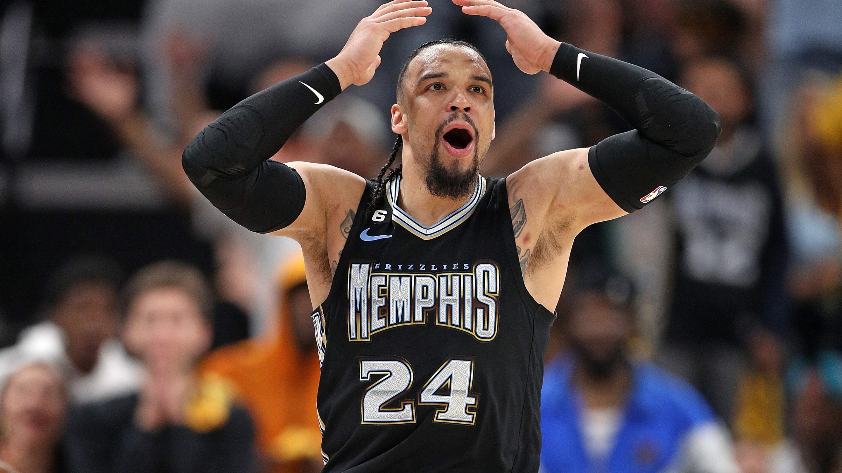 MEMPHIS, TENNESSEE - APRIL 19: Dillon Brooks #24 of the Memphis Grizzlies reacts against the Los Angeles Lakers during the second half of Game Two of the Western Conference First Round Playoffs at FedExForum on April 16, 2023 in Memphis, Tennessee. NOTE TO USER: User expressly acknowledges and agrees that, by downloading and or using this photograph, User is consenting to the terms and conditions of the Getty Images License Agreement. at FedExForum on April 19, 2023 in Memphis, Tennessee.