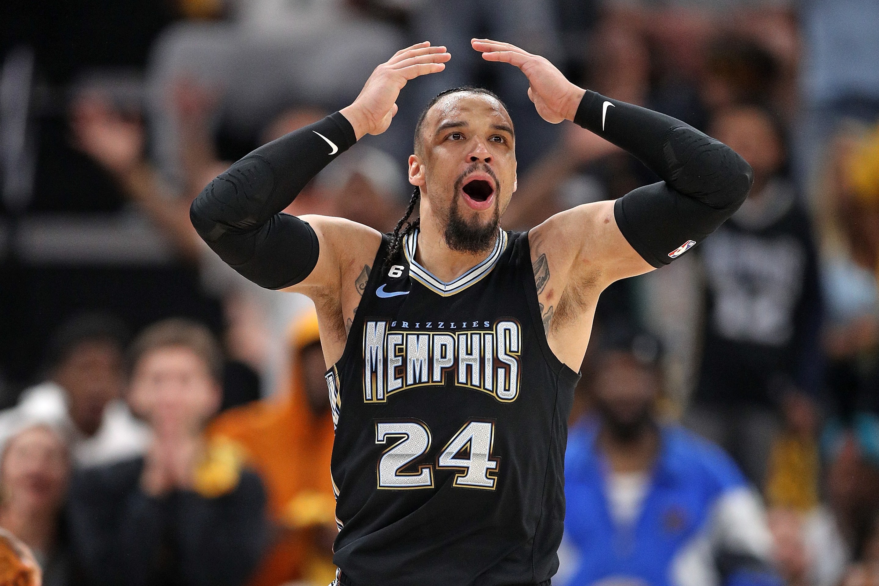 MEMPHIS, TENNESSEE - APRIL 19: Dillon Brooks #24 of the Memphis Grizzlies reacts against the Los Angeles Lakers during the second half of Game Two of the Western Conference First Round Playoffs at FedExForum on April 16, 2023 in Memphis, Tennessee. NOTE TO USER: User expressly acknowledges and agrees that, by downloading and or using this photograph, User is consenting to the terms and conditions of the Getty Images License Agreement. at FedExForum on April 19, 2023 in Memphis, Tennessee.