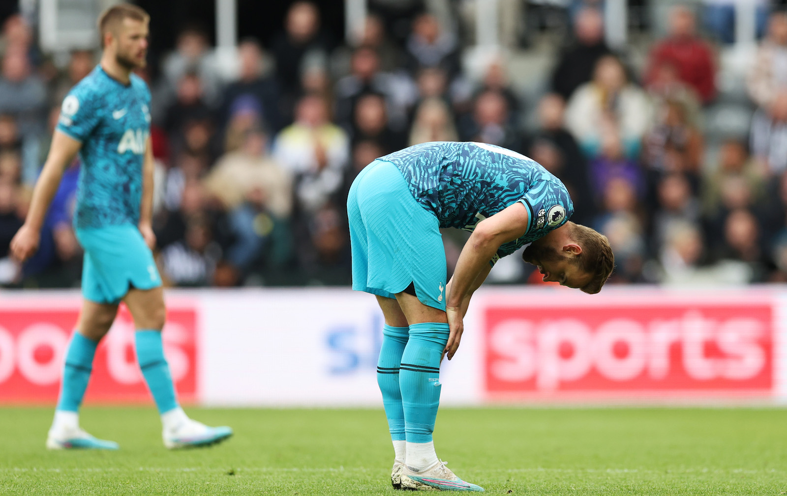 NEWCASTLE UPON TYNE, ENGLAND - APRIL 23: Harry Kane of Tottenham Hotspur reacts during the Premier League match between Newcastle United and Tottenham Hotspur at St. James Park on April 23, 2023 in Newcastle upon Tyne, England.