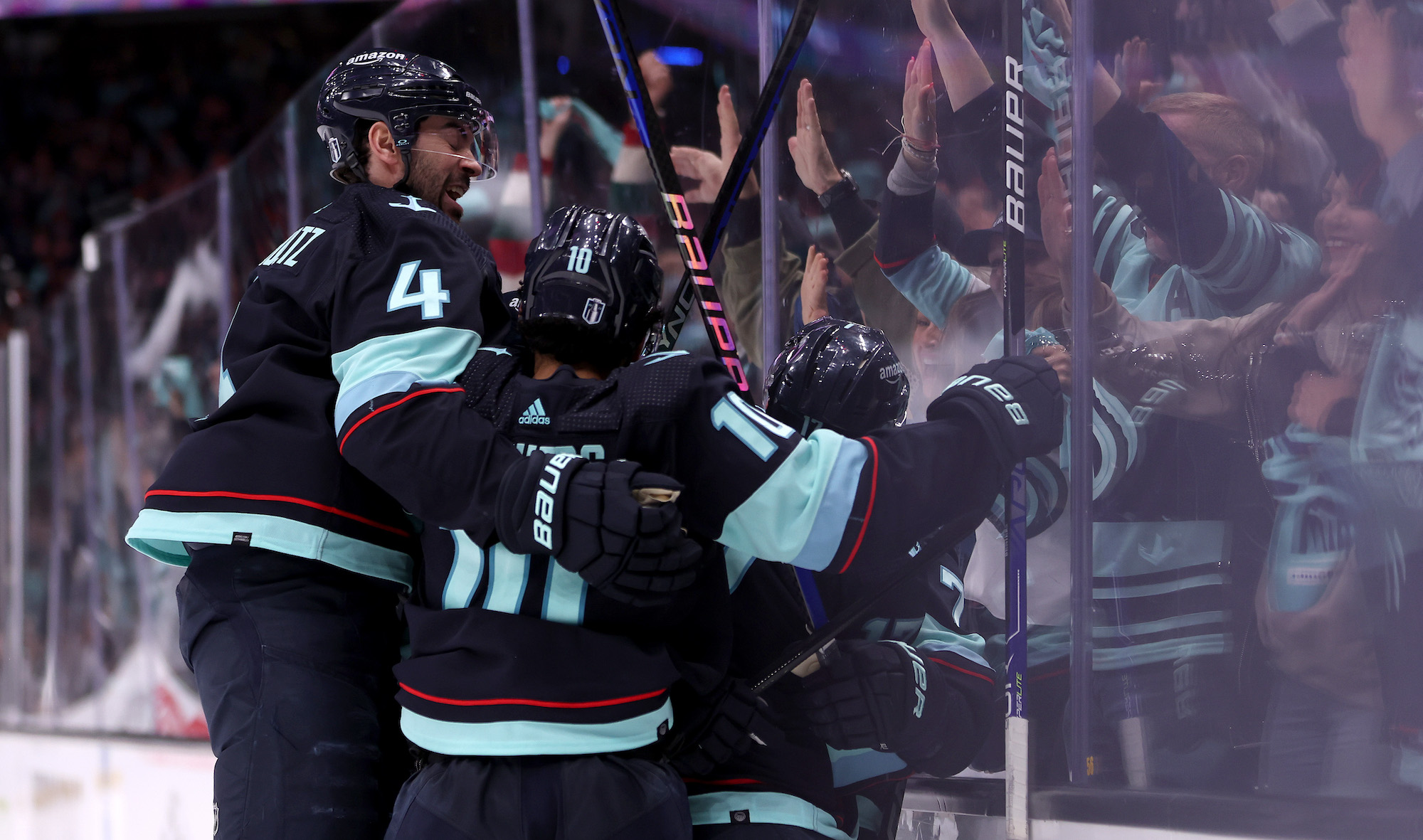 SEATTLE, WASHINGTON - APRIL 24: The Seattle Kraken celebrate the winning goal by Jordan Eberle #7 against the Colorado Avalanche during overtime in Game Four of the First Round of the 2023 Stanley Cup Playoffs at Climate Pledge Arena on April 24, 2023 in Seattle, Washington. (Photo by Steph Chambers/Getty Images)