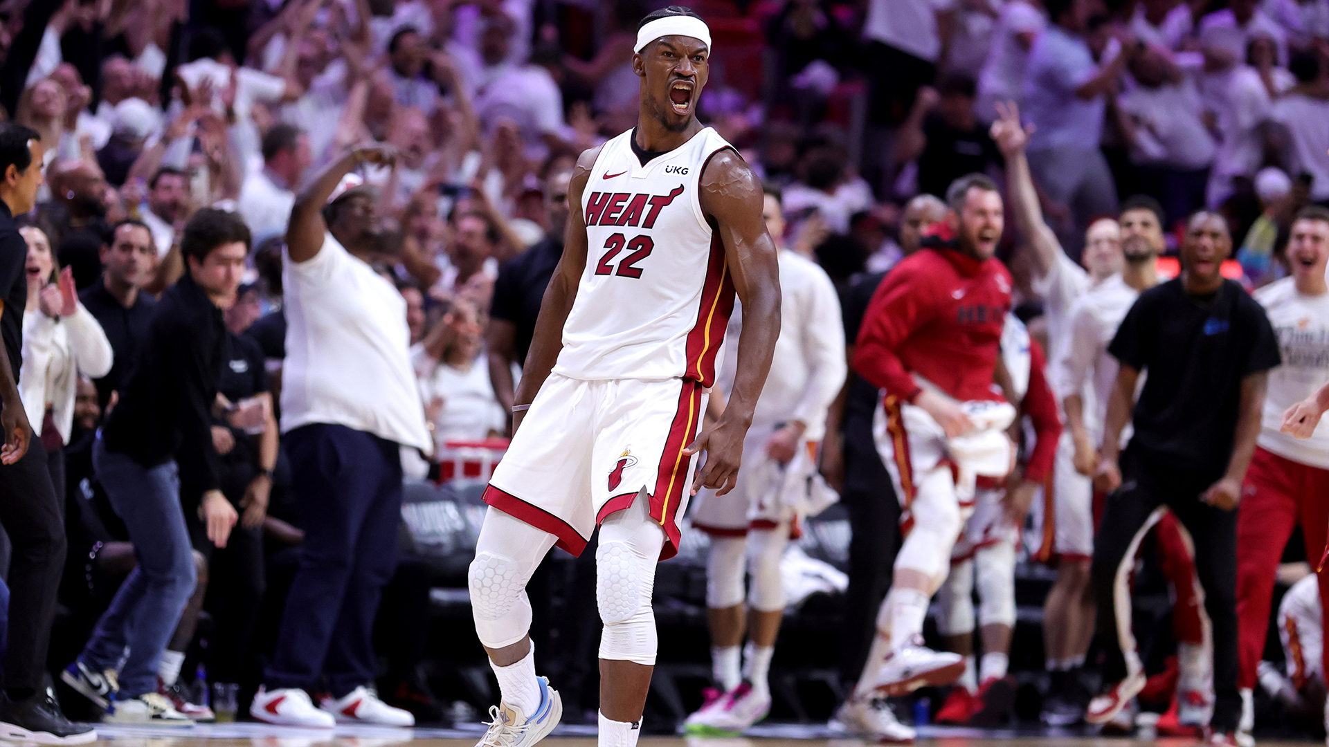 Jimmy Butler #22 of the Miami Heat reacts during the fourth quarter against the Milwaukee Bucks in Game Four of the Eastern Conference First Round Playoffs at Kaseya Center on April 24, 2023 in Miami, Florida.