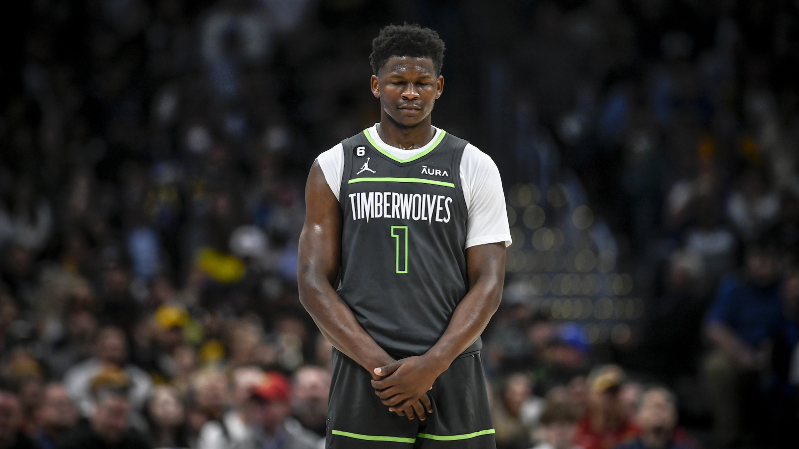 DENVER, CO - APRIL 25: Anthony Edwards (1) of the Minnesota Timberwolves stands during a break in action in the third quarter against the Denver Nuggets at Ball Arena in Denver on Tuesday, April 25, 2023.