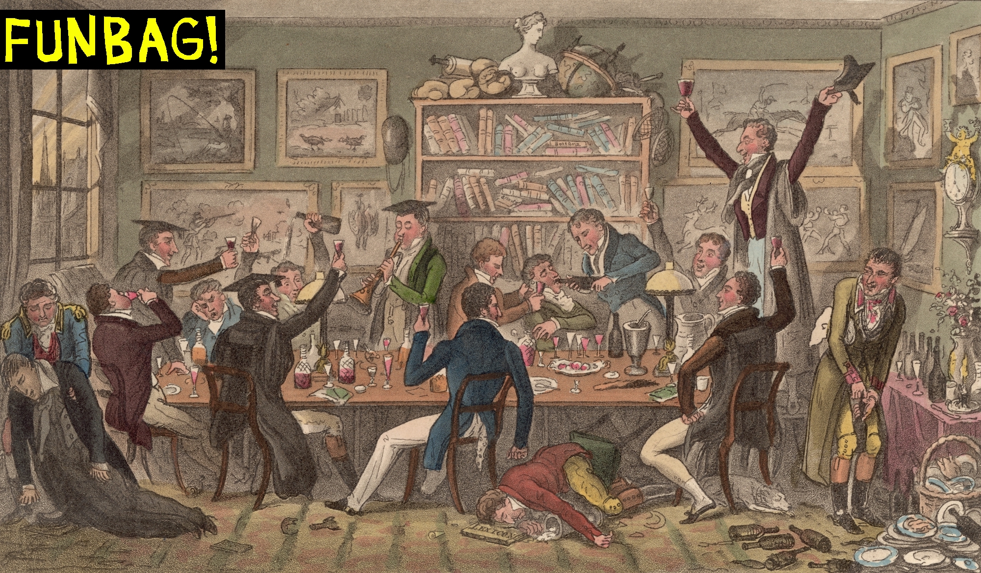 1824: Oxford undergraduates on a latenight drinking escapade. The original caption reads 'Oxford Transports or Albanians doing Penance for Past Offences'. Original Artwork: Drawn and engraved by Robet Cruikshank for 'The English Spy', 1824 (Photo by Hulton Archive/Getty Images)
