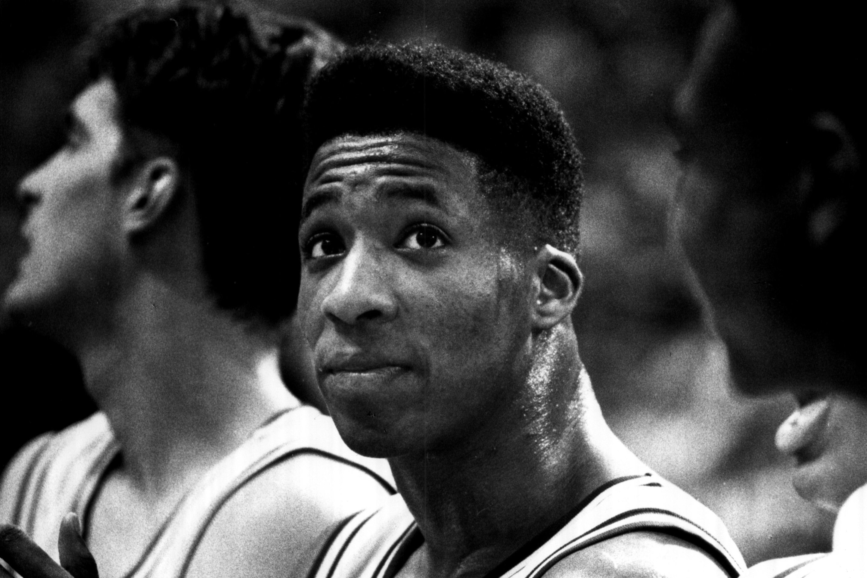 Duke wing player Brian Davis seen on the team's bench in 1991.