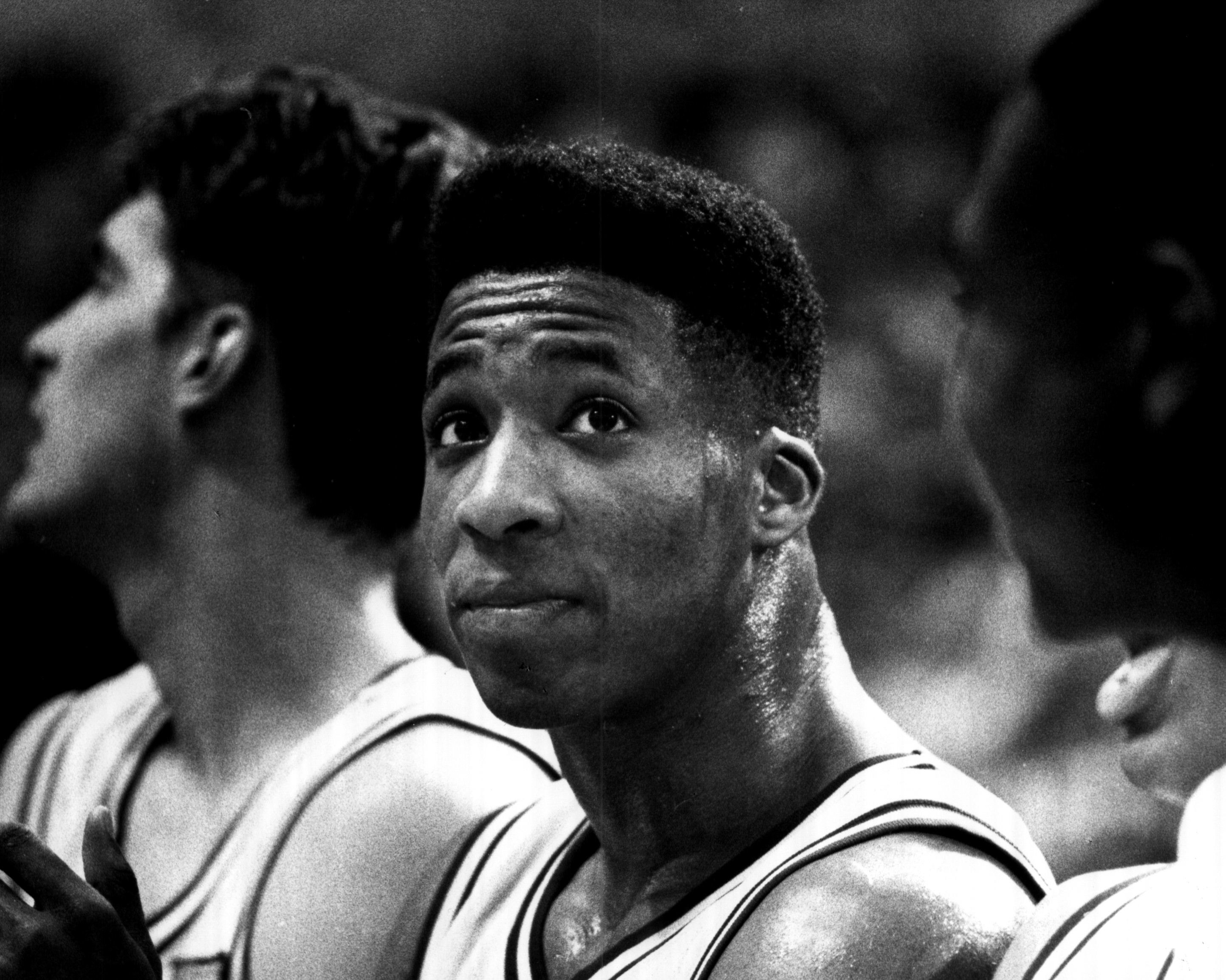 Duke wing player Brian Davis seen on the team's bench in 1991.