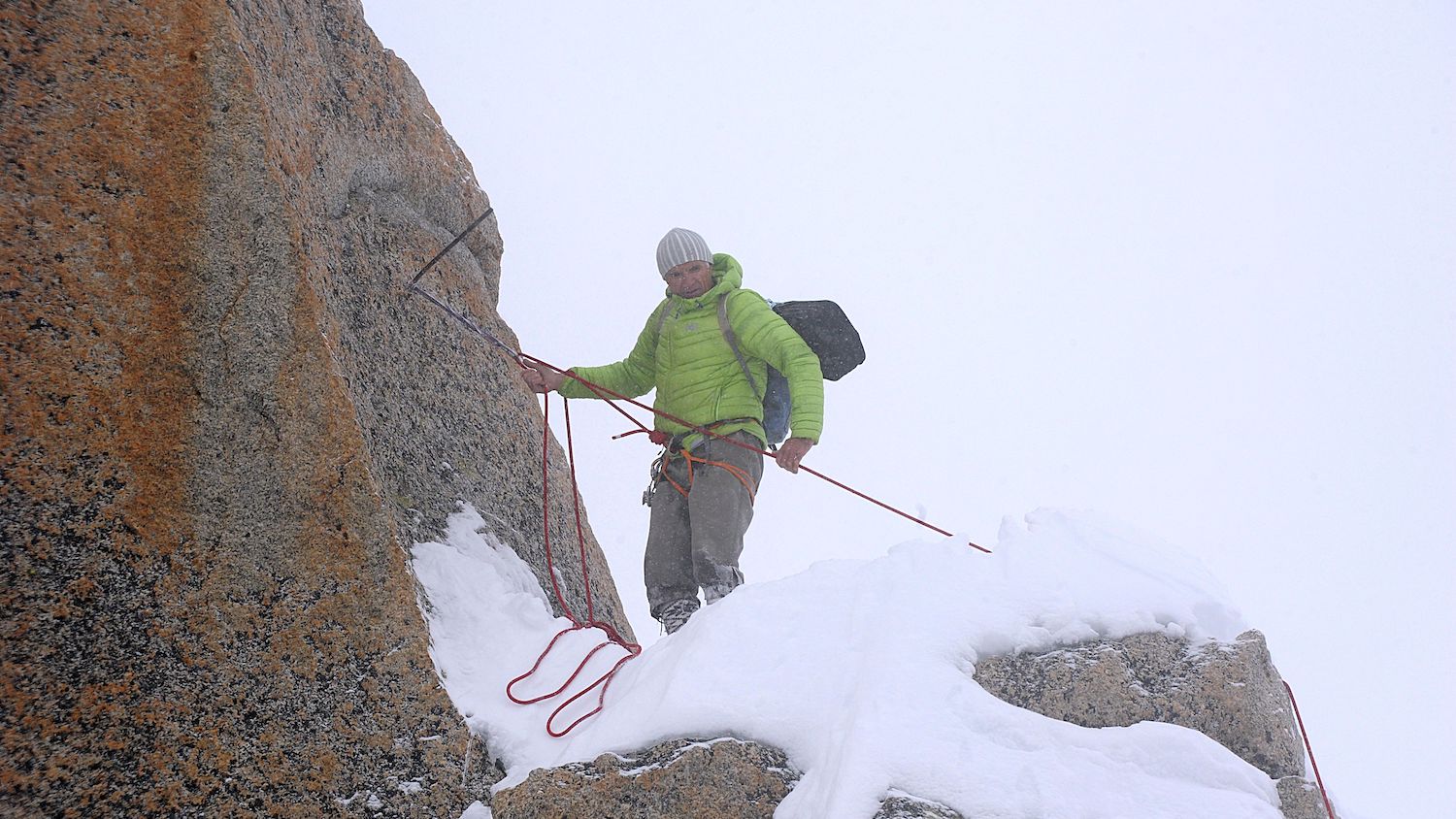 French mountaineer Christophe Profit climbs on the south face of the Rebuffat Peak on the Aiguille du Midi mountain (3 842 m) in the Mont Blanc massif in the French Alps, on June 2, 2016, during the reconstitution of Gaston Rebuffat and Maurice Baquet's first ascent of the south face of the Aiguille du Midi on July 13, 1956. / AFP / JEAN-PIERRE CLATOT (Photo credit should read JEAN-PIERRE CLATOT/AFP via Getty Images)