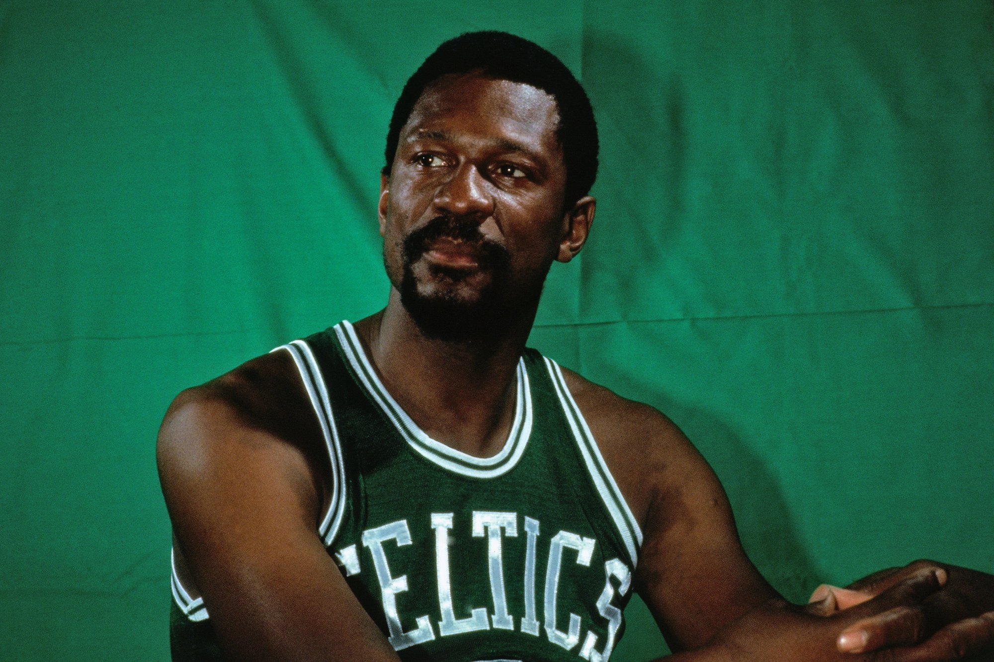 BOSTON - 1969: Bill Russell #6 of the Boston Celtics poses for a portrait in 1969 at the Boston Garden in Boston, Massachusetts. NOTE TO USER: User expressly acknowledges and agrees that, by downloading and or using this photograph, User is consenting to the terms and conditions of the Getty Images License Agreement. Mandatory Copyright Notice: Copyright 1969 NBAE (Photo by Dick Raphael/NBAE via Getty Images)
