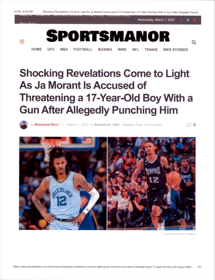 A screenshot of a story from a website called Sportsmanor, included for the second time.