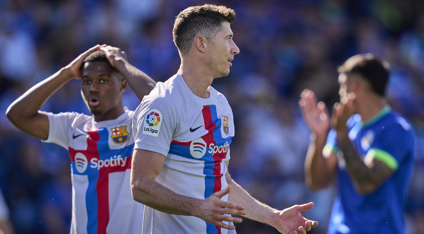 Barcelona's Robert Lewandowski and Ansu Fati react to a missed scoring opportunity against Getafe CF