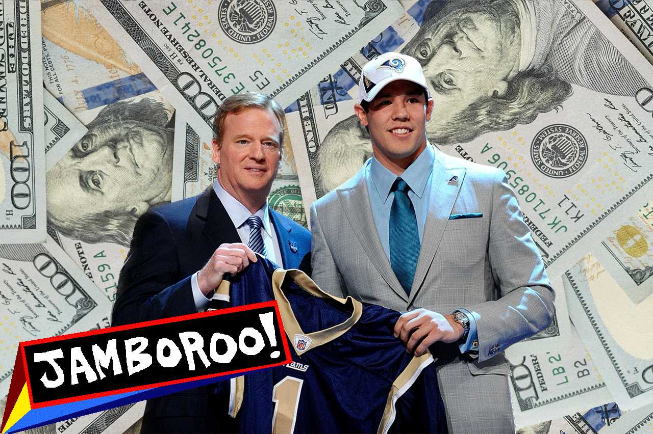 Sam Bradford with Roger Goodell. There's a ton of money behind him, and it slowly fades away. Then Sam Bradford disappears too.