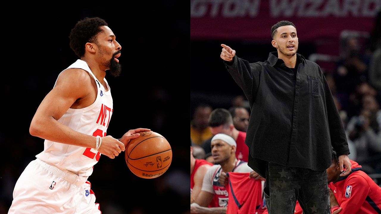 Split image: Spencer Dinwiddie on the left, dribbling a basketball; on the right, Kyle Kuzma, in street clothes on an NBA bench, pointing