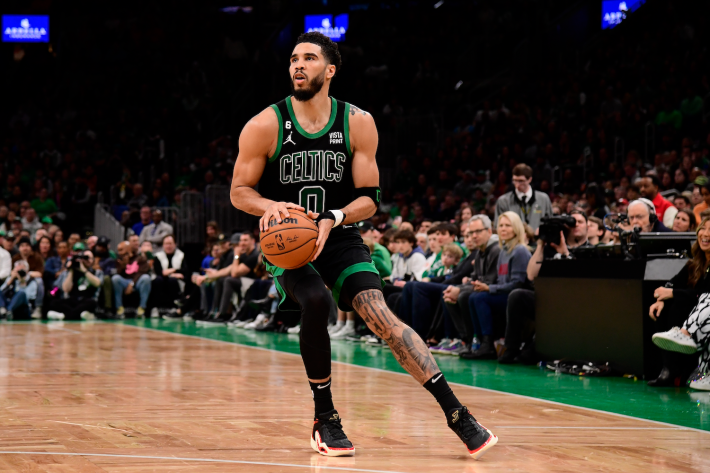 Jayson Tatum of the Boston Celtics sets his feet to shoot a jumpshot