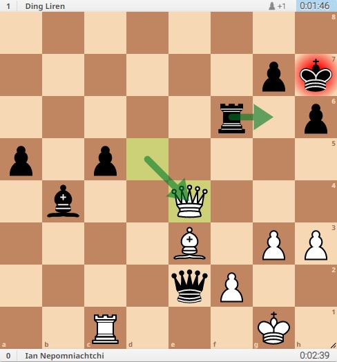 Queen from d5 to e4, check; Rook from f6 to g6
