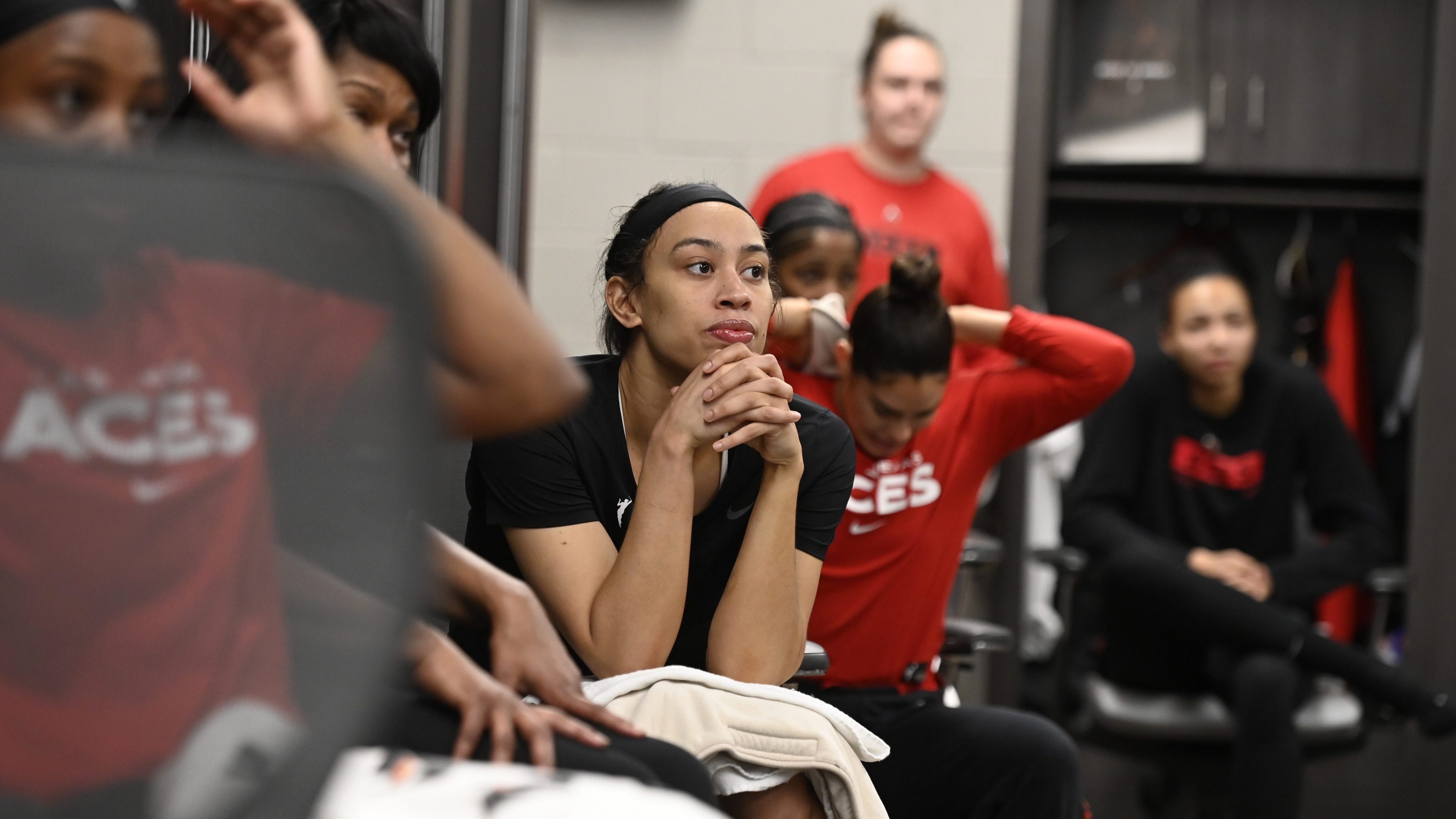 Dearica Hamby #5 of the Las Vegas Aces looks on in the locker room before Game 2 of the 2022 WNBA Finals on September 13, 2022 at Michelob ULTRA Arena in Las Vegas, Nevada.