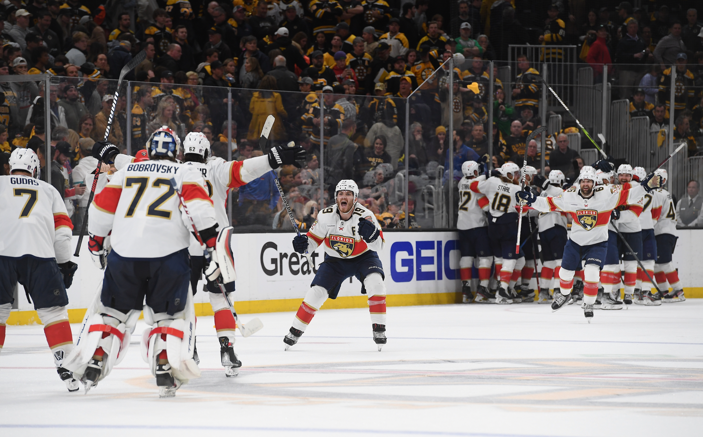 BOSTON, MASSACHUSETTS - APRIL 30: Matthew Tkachuk #19 of the Florida Panthers celebrates the overtime win against the Boston Bruins in Game Seven of the First Round of the 2023 Stanley Cup Playoffs at TD Garden on April 30, 2023, in Boston, Massachusetts. (Photo by Steve Babineau/NHLI via Getty Images)