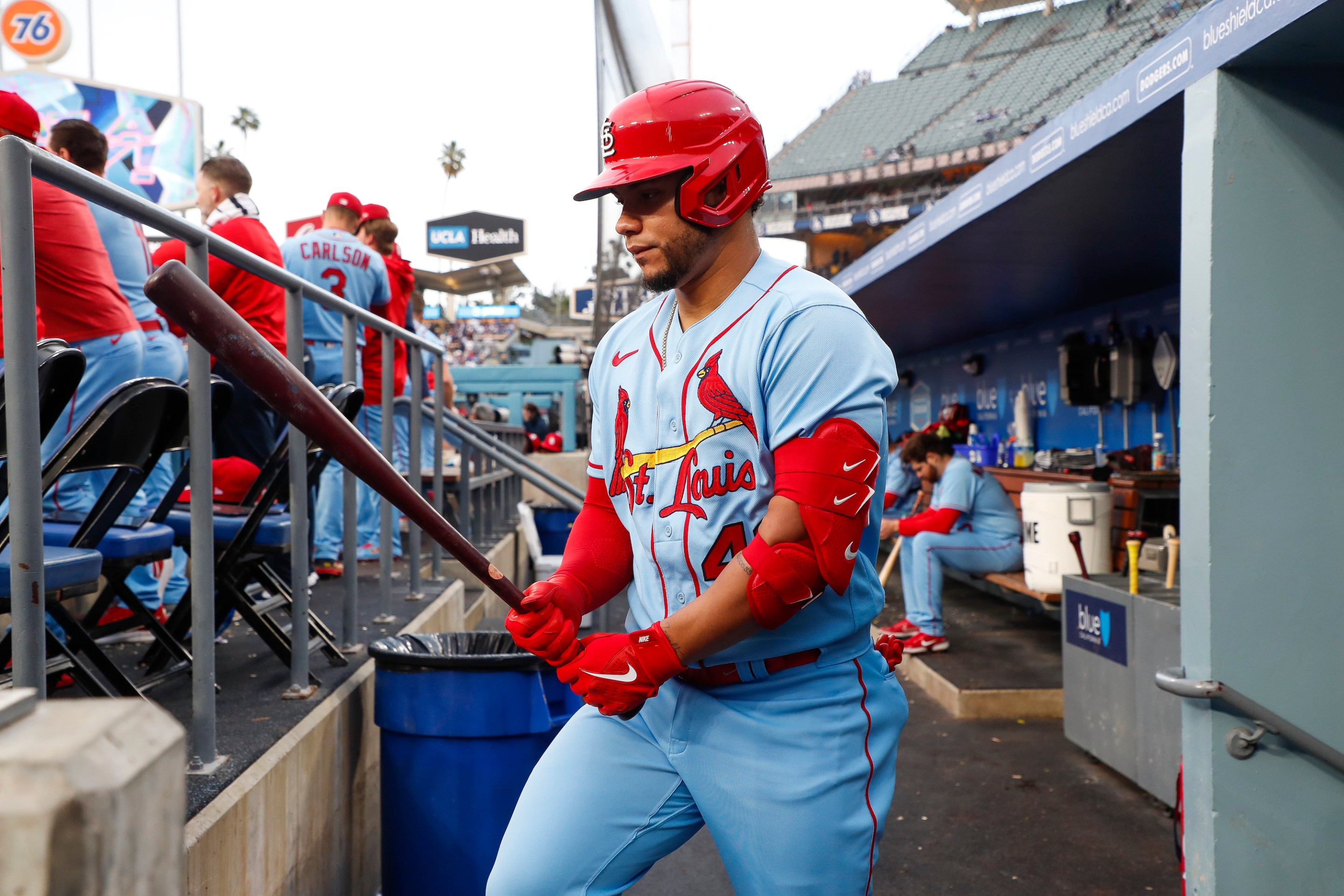 St. Louis Cardinals designated hitter Willson Contreras (40) walks through the dugout to the on deck circle during a regular season game between the St. Louis Cardinals and Los Angeles Dodgers on April 29, 2023 at Dodger Stadium in Los Angeles, CA.
