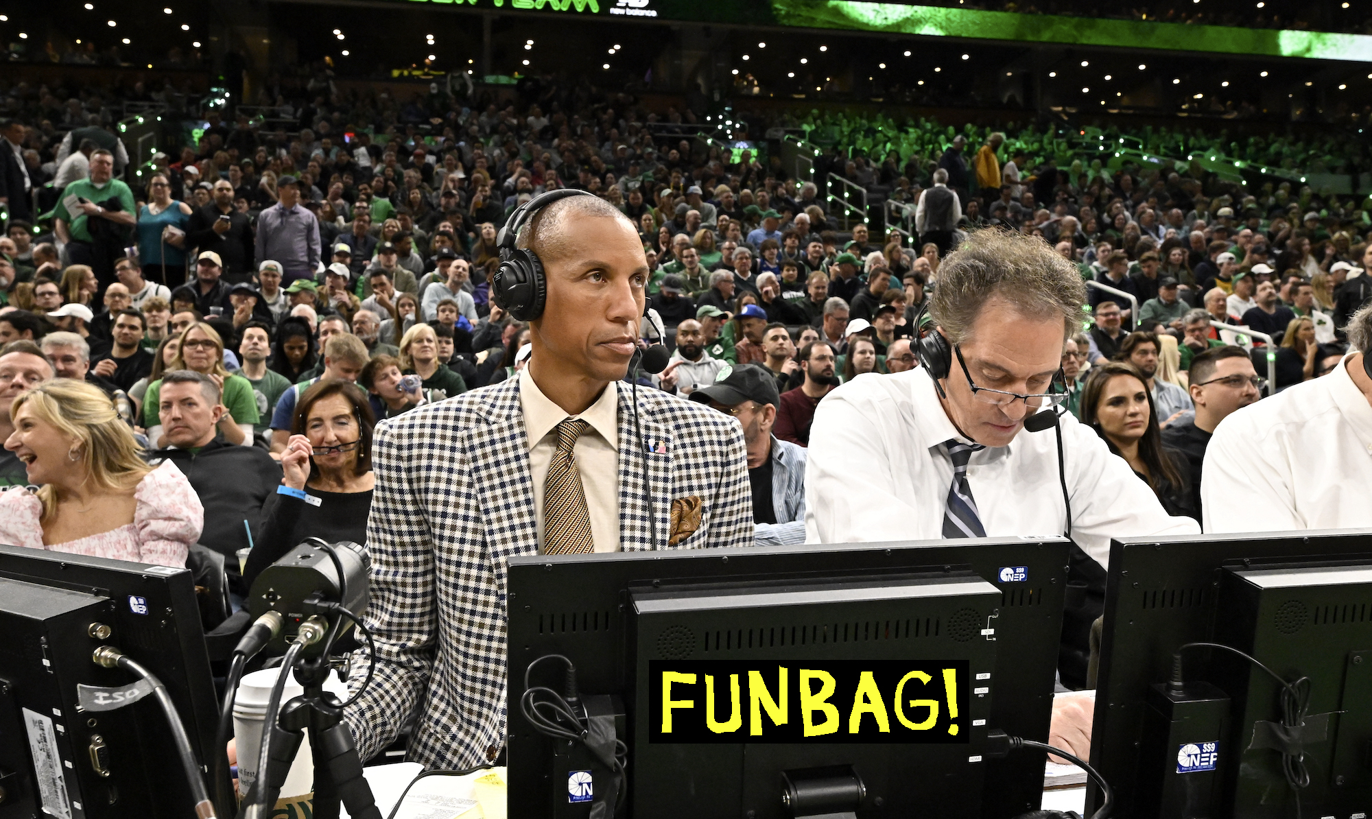 BOSTON, MA - MAY 1: Reggie Miller and Kevin Harland look on during the game between the Philadelphia 76ers and Boston Celtics during Round 2 Game 1 of the 2023 NBA Playoffs on May 1, 2023 at the TD Garden in Boston, Massachusetts. NOTE TO USER: User expressly acknowledges and agrees that, by downloading and or using this photograph, User is consenting to the terms and conditions of the Getty Images License Agreement. Mandatory Copyright Notice: Copyright 2023 NBAE (Photo by David Dow/NBAE via Getty Images)