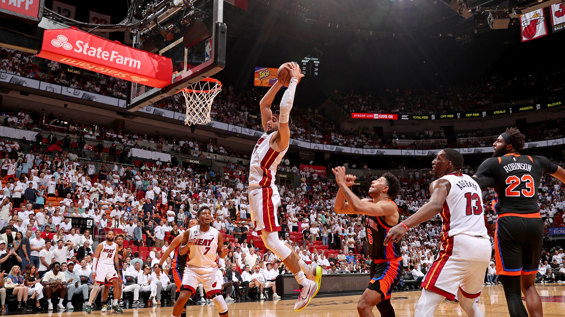 Max Strus #31 of the Miami Heat grabs the rebound during Game 4 of the Eastern Conference Semi-Finals of the 2023 NBA Playoffs against the New York Knicks on May 8, 2023 at Kaseya Center in Miami,