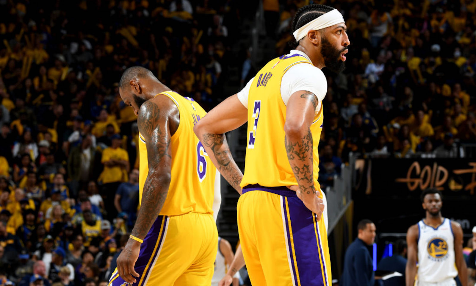 SAN FRANCISCO, CA - MAY 10: LeBron James #6 and Anthony Davis #3 of the Los Angeles Lakers look on during Game 5 of the Western Conference Semi-Finals of the 2023 NBA Playoffs against the Golden State Warriors on May 10, 2023 at Chase Center in San Francisco, California. NOTE TO USER: User expressly acknowledges and agrees that, by downloading and or using this photograph, user is consenting to the terms and conditions of Getty Images License Agreement. Mandatory Copyright Notice: Copyright 2023 NBAE
