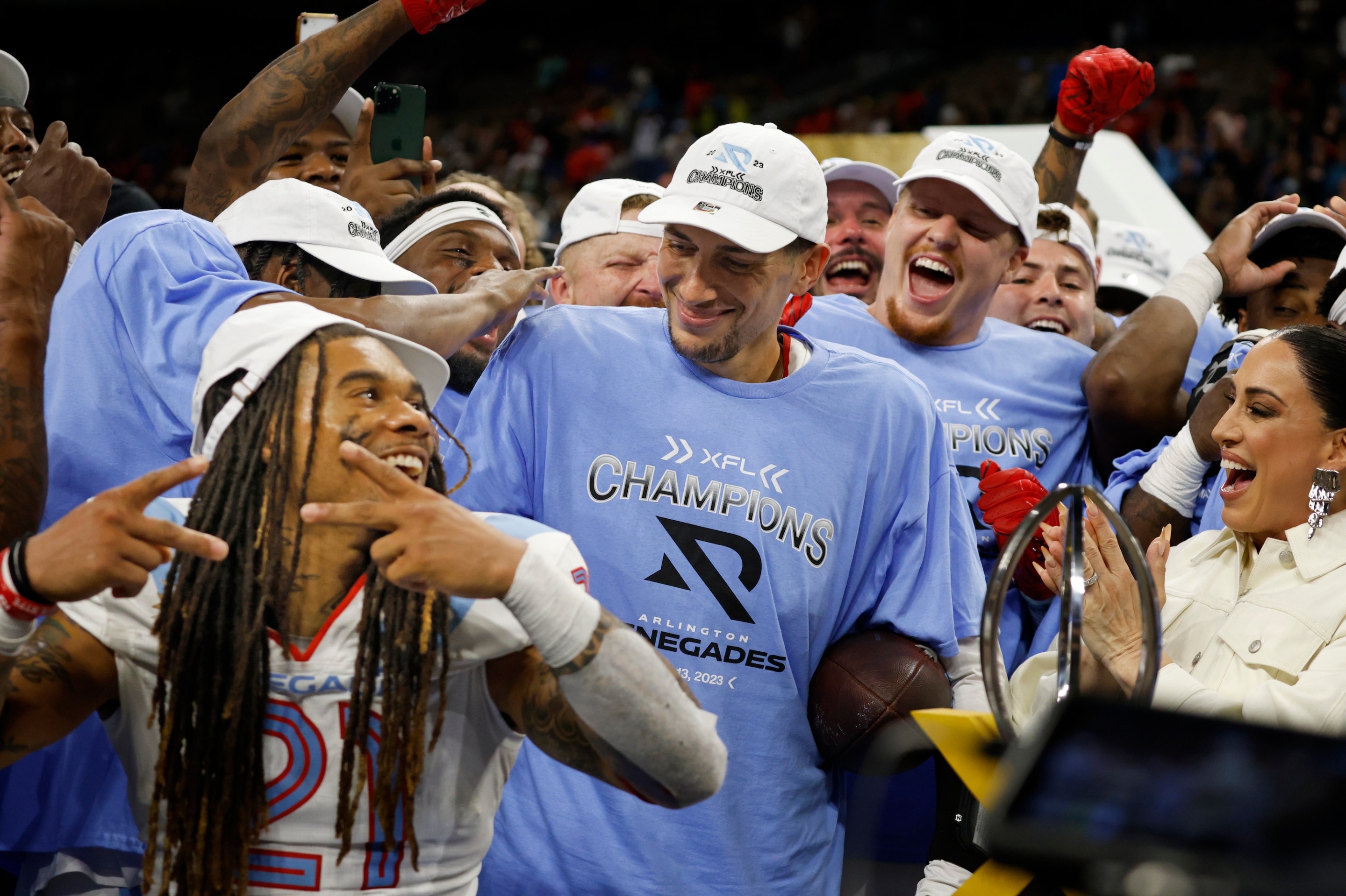 Luis Perez of the Arlington Renegades celebrates winning the 2023 XFL Championship on May 13, 2023.