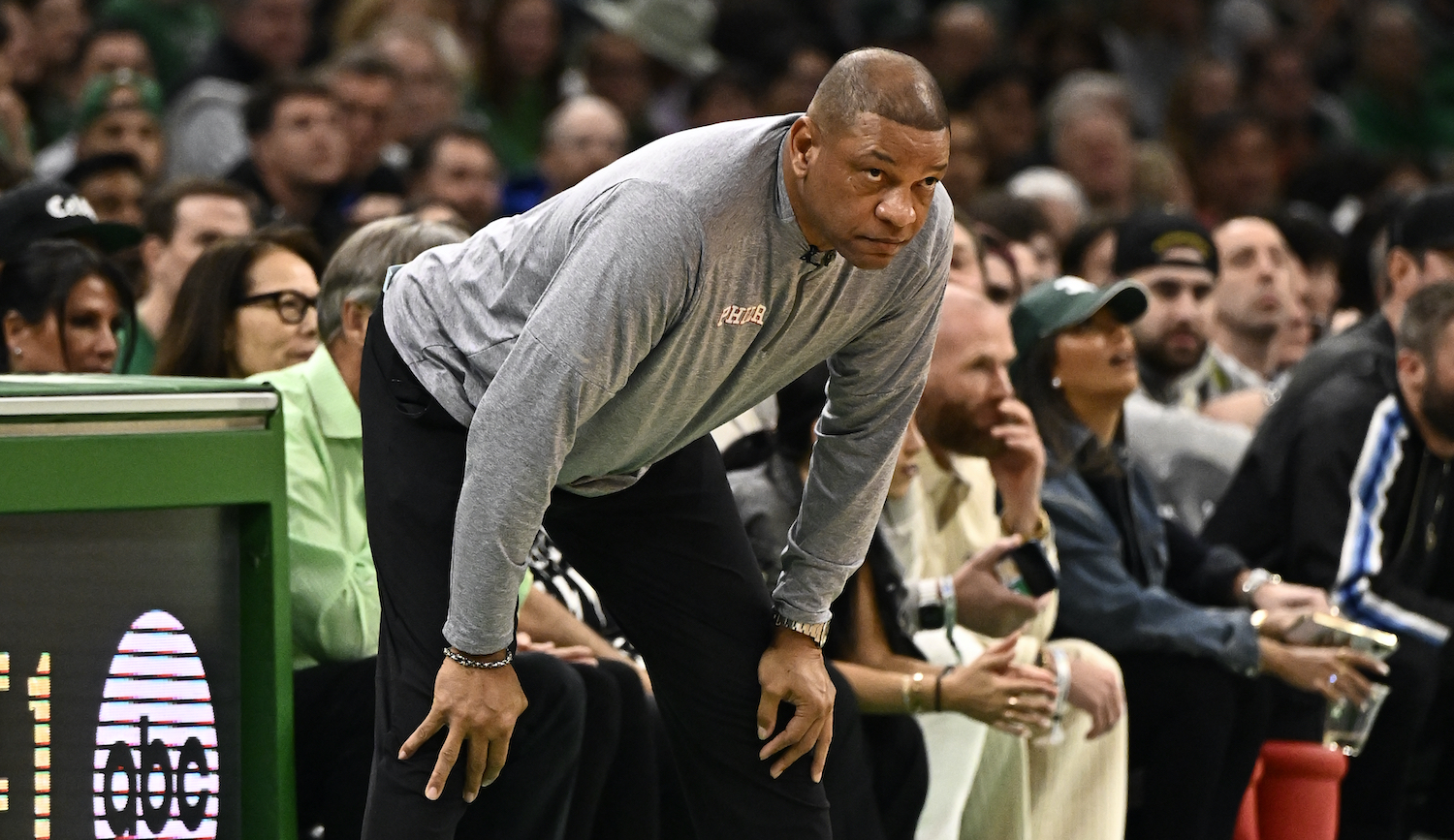 BOSTON, MA - MAY 14: Head Coach Doc Rivers of the 76ers looks on during the game during round two game seven of the 2023 NBA Playoffson May 14, 2023 at the TD Garden in Boston, Massachusetts. NOTE TO USER: User expressly acknowledges and agrees that, by downloading and or using this photograph, User is consenting to the terms and conditions of the Getty Images License Agreement. Mandatory Copyright Notice: Copyright 2023 NBAE (Photo by David Dow/NBAE via Getty Images)