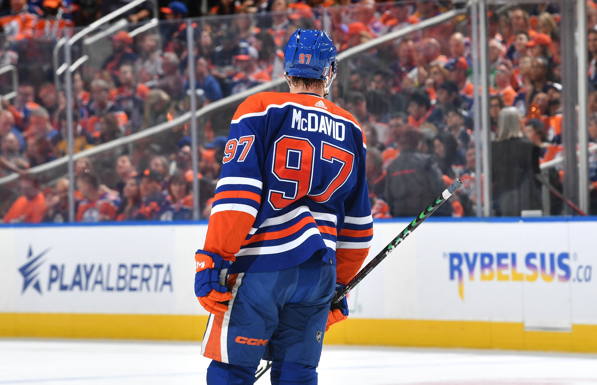 EDMONTON, CANADA - MAY 14 Connor McDavid #97 of the Edmonton Oilers skates against the Vegas Golden Knights in Game Six of the Second Round of the 2023 Stanley Cup Playoffs at Rogers Place on May 14, 2023, in Edmonton, Alberta, Canada. (Photo by Andy Devlin/NHLI via Getty Images)