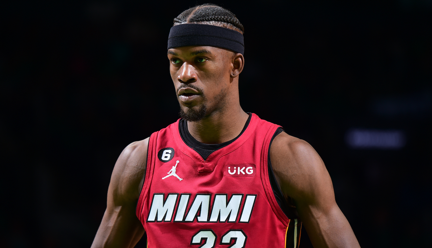 BOSTON, MA - MAY 17: Jimmy Butler #22 of the Miami Heat looks on during Game 1 of the Eastern Conference Finals 2023 NBA Playoffs on May 17, 2023 at the TD Garden in Boston, Massachusetts. NOTE TO USER: User expressly acknowledges and agrees that, by downloading and or using this photograph, User is consenting to the terms and conditions of the Getty Images License Agreement. Mandatory Copyright Notice: Copyright 2023 NBAE (Photo by Brian Babineau/NBAE via Getty Images)