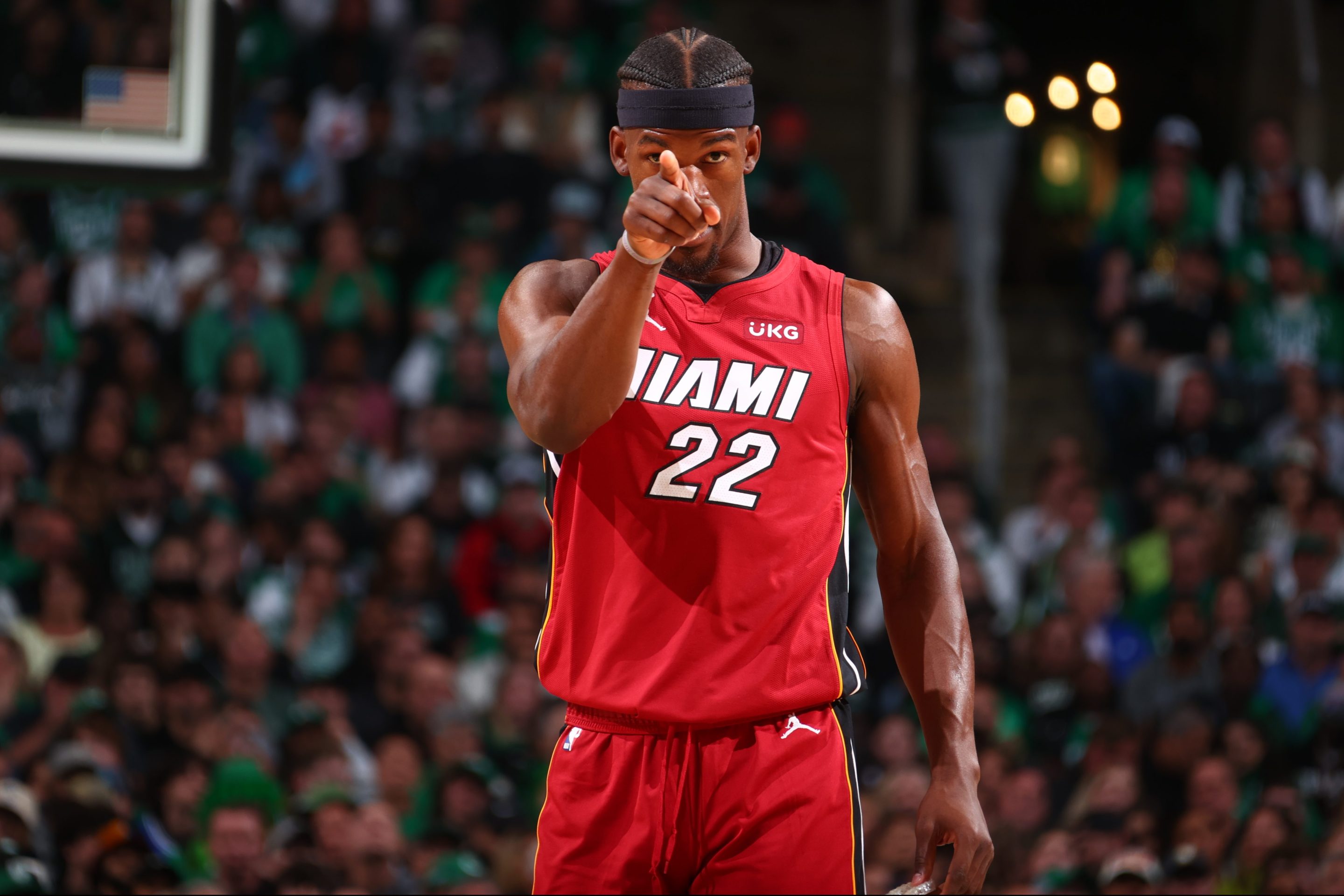 Jimmy Butler #22 of the Miami Heat looks on during Round 3 Game 1 of the Eastern Conference Finals 2023 NBA Playoffs against the Boston Celtics on May 17, 2023 at the TD Garden in Boston, Massachusetts.