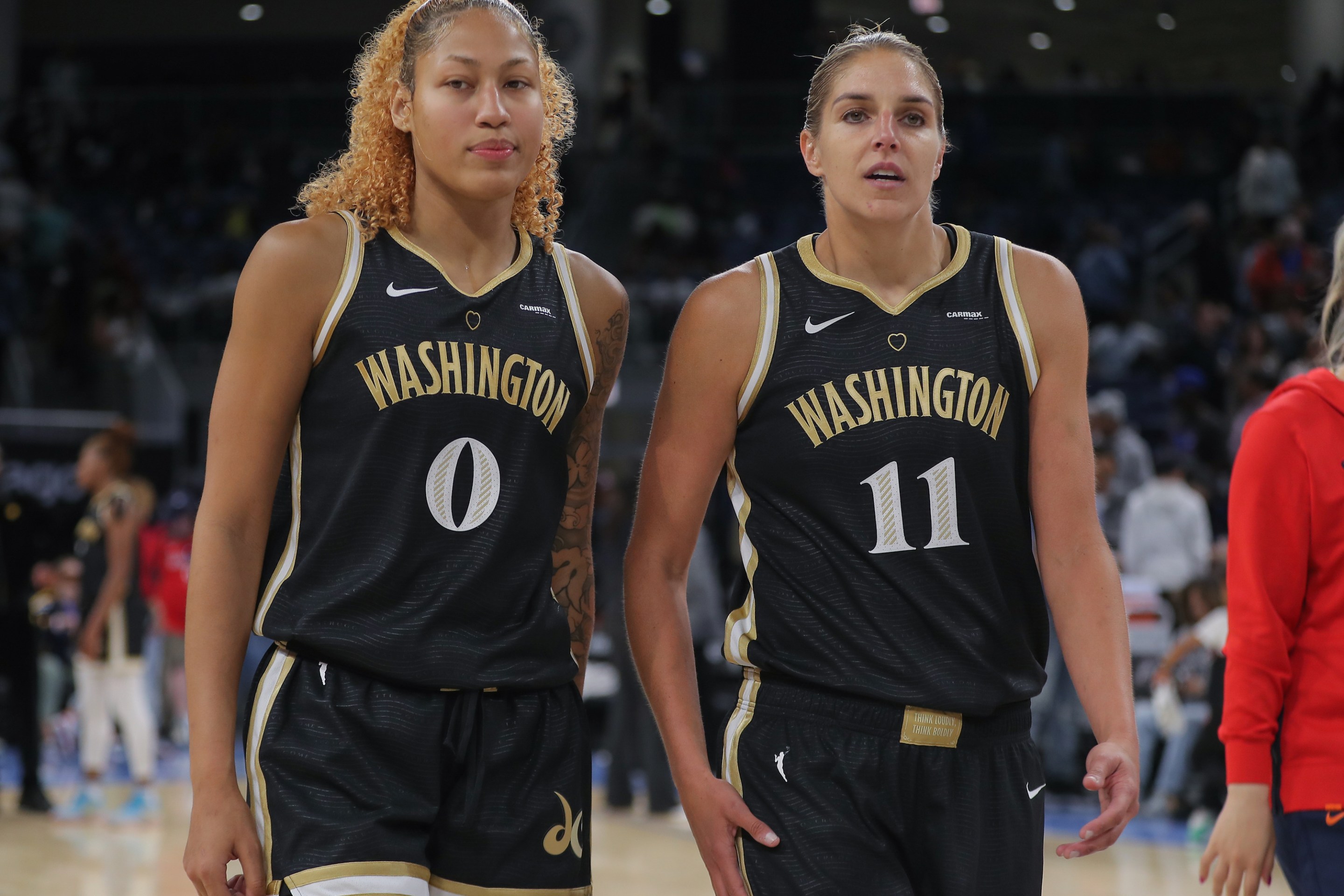 Washington Mystics center Shakira Austin (0) and Washington Mystics forward Elena Delle Donne (11) looks on after a WNBA game between the Washington Mystics and the Chicago Sky on May 26, 2023, at Wintrust Arena in Chicago, IL.