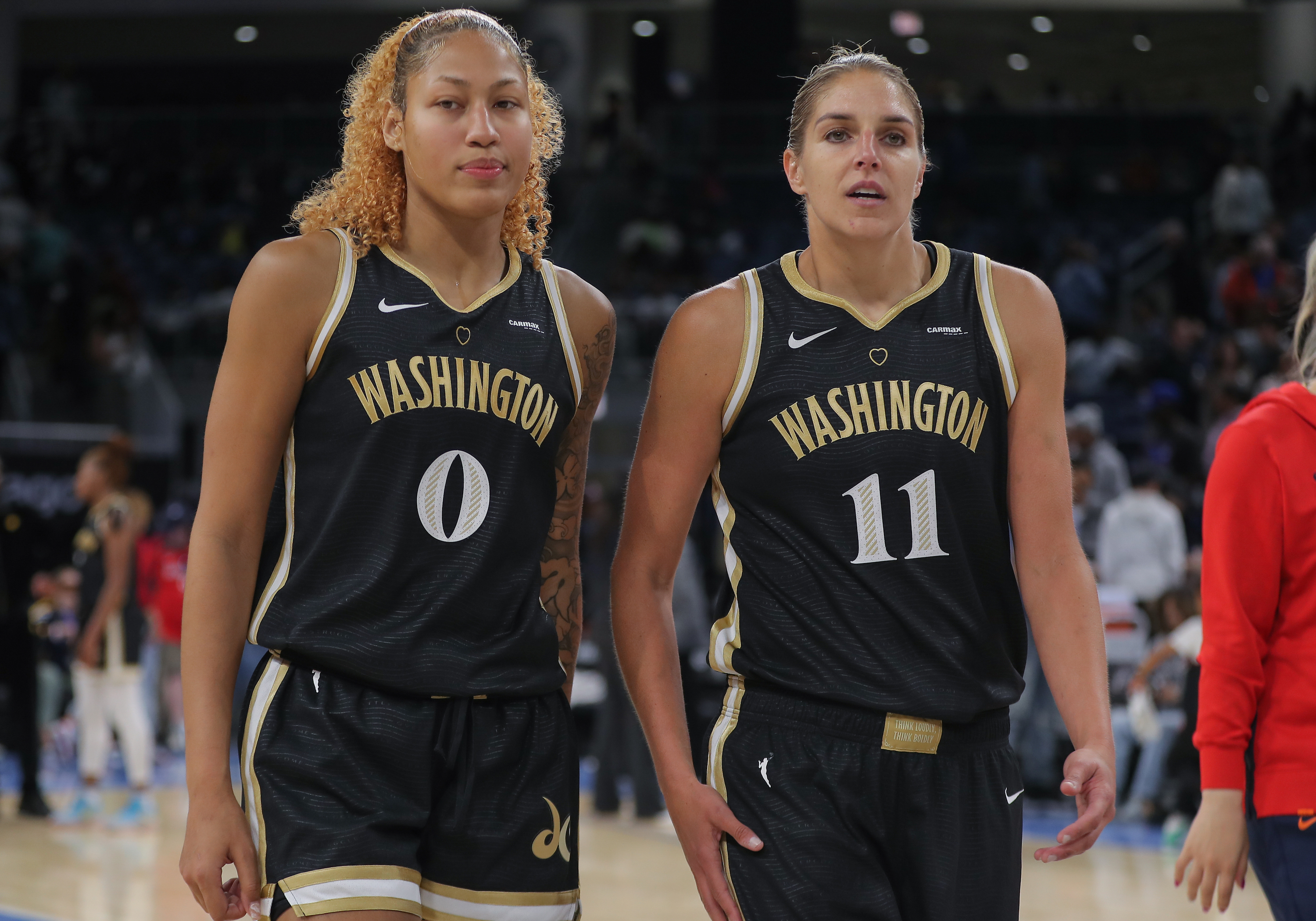 Washington Mystics center Shakira Austin (0) and Washington Mystics forward Elena Delle Donne (11) looks on after a WNBA game between the Washington Mystics and the Chicago Sky on May 26, 2023, at Wintrust Arena in Chicago, IL.