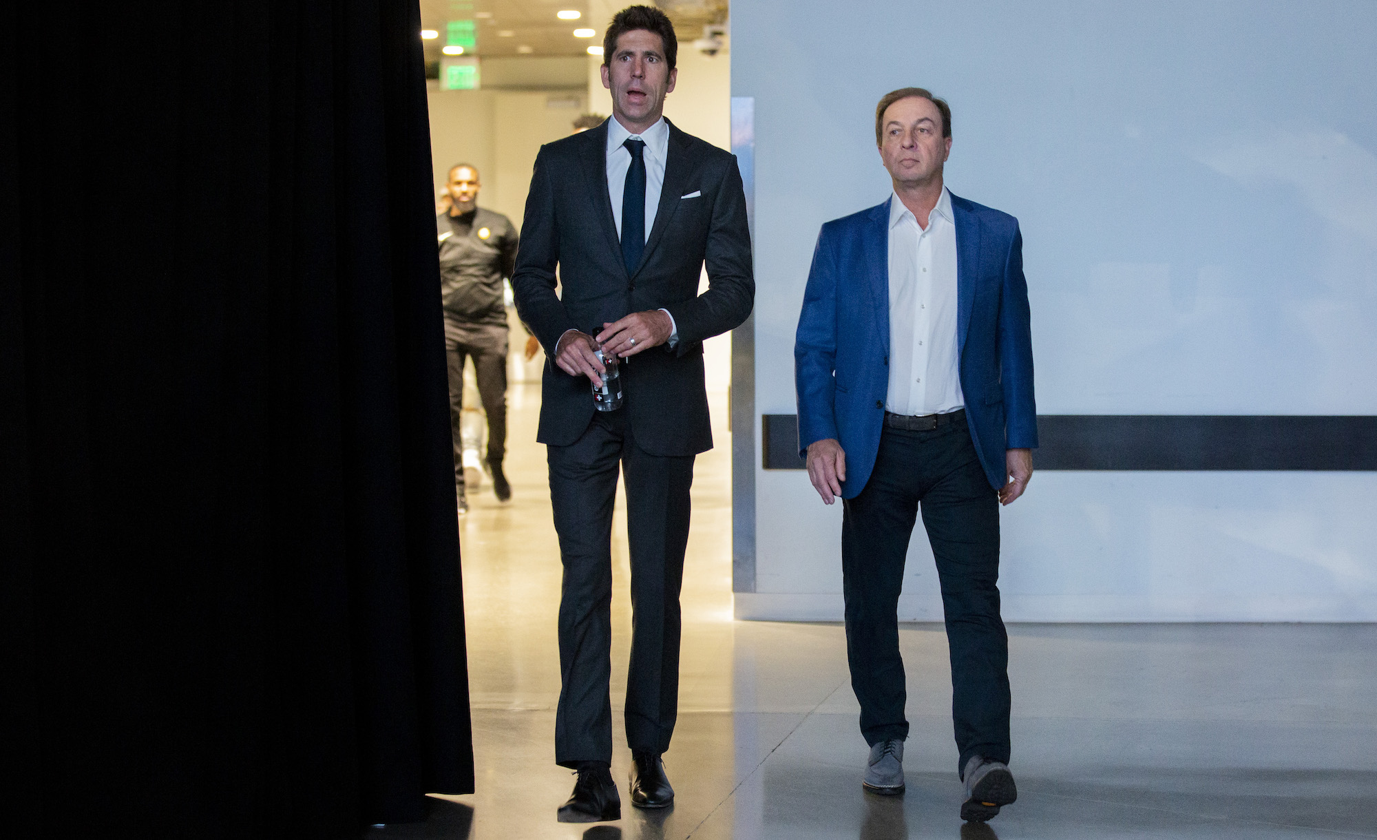 From left: Golden State Warriors general manager Bob Myers and Warriors majority owner Joe Lacob at Chase Center, Friday, July 30, 2021, in San Francisco, Calif. The Warriors selected Jonathan Kuminga (No. 7) and Moses Moody (No. 14) in the NBA Draft on Thursday night.